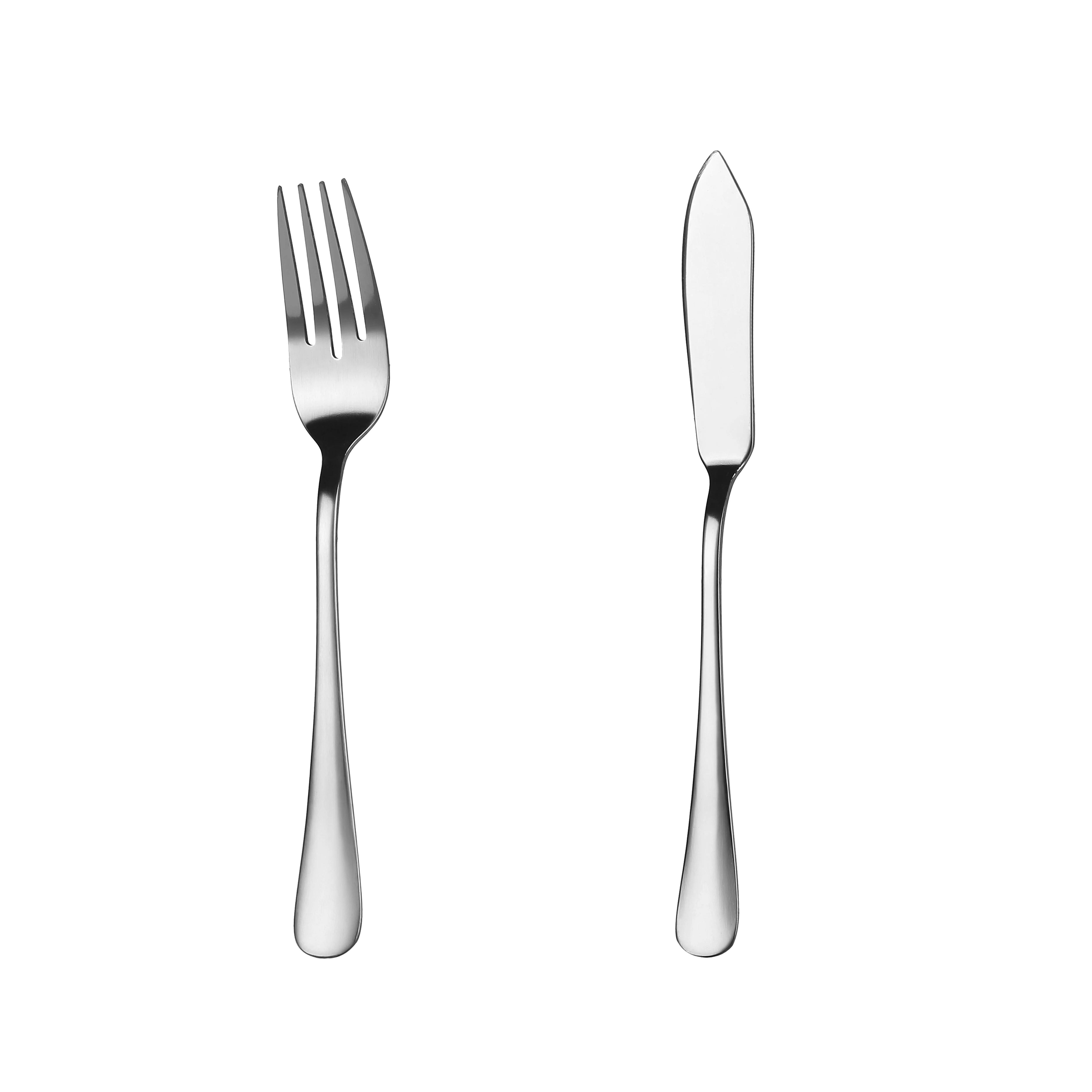 Mr.Spoon Serie Liso,Pala de pescado y Tenedor pescado,12, 24, 48 o 120 piezas,Acero inoxidable 18/0,Económico y funcional,Pala pescado largo 210mm,Tenedor pescado 195mm,Mango monobloque,Apto para