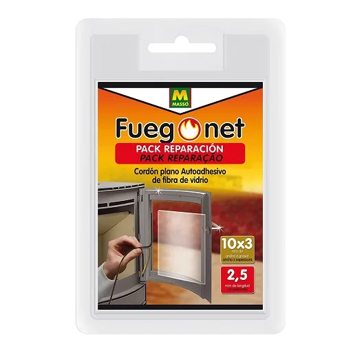 Pack de Reparación FUEGONET con Cordón Aislante y Pegamento. Repara Chimeneas, inserts, estufas y calderas. Plano. 10 x 3 x 2,5 mm + Ahesivo 50 ml