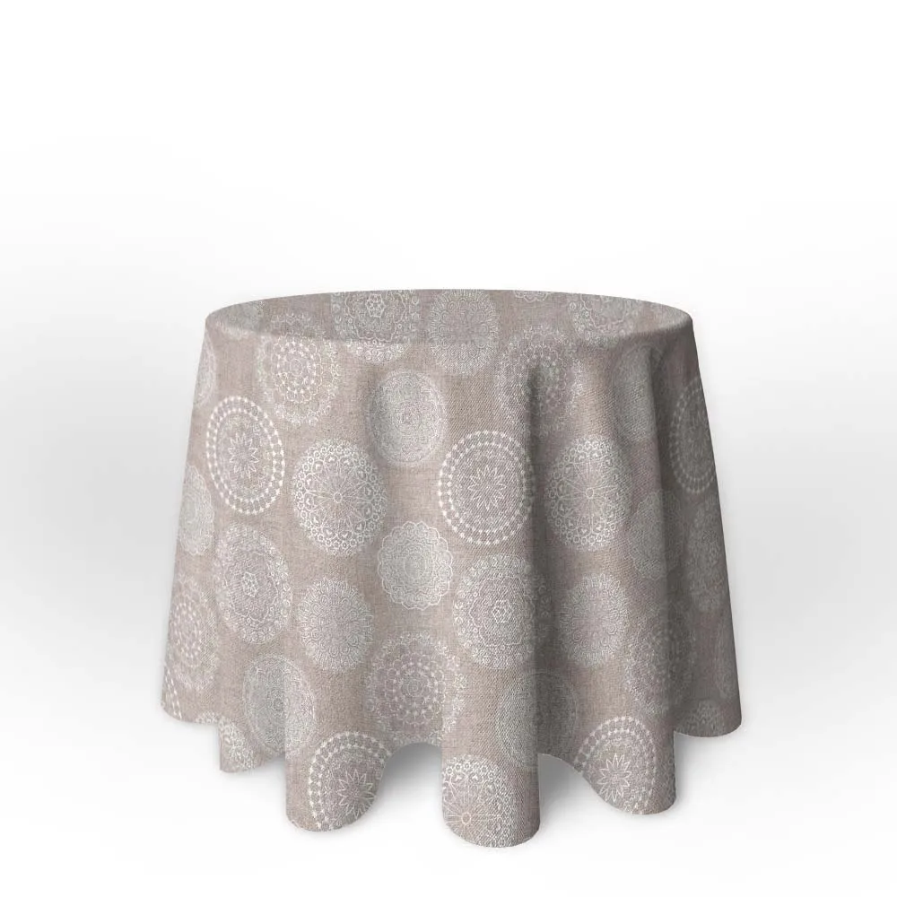 La Fábrica de las Telas - Falda Mesa Camilla Redonda Primavera Verano Loneta estampada mandalas algodón color beige y gris. Faldón Faldilla enagüilla