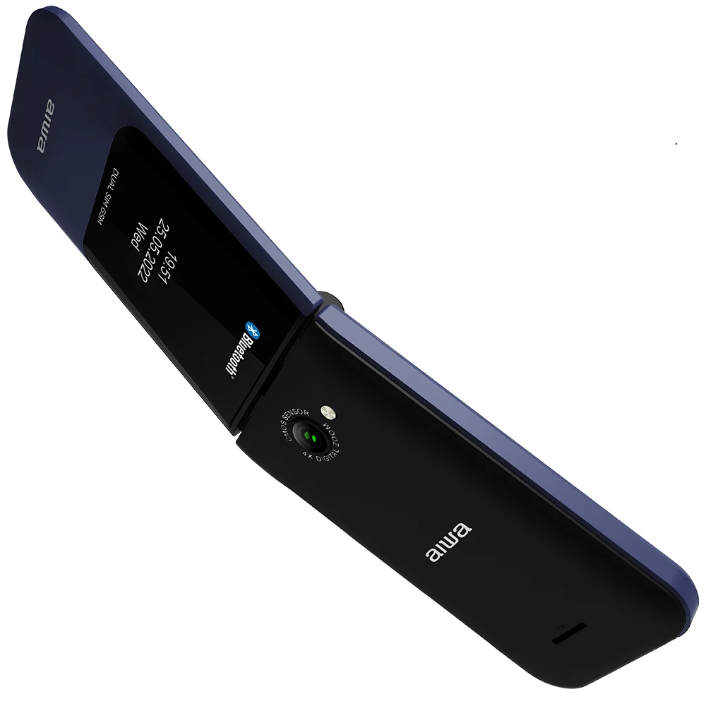 Aiwa fp-24bl senior 2.4"" mobile phone with dual screen, dual sim, bluetooth, 32mb ram + 32 mb rom, microsd, slim design, blue