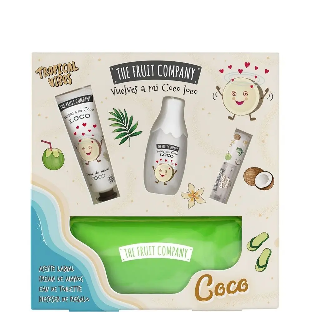 The Fruit Company Pack Regalo Verano COCO - Aceite Labial con Vitamina E, Crema de Manos de Aloe Vera, Eau de Toilette Vegano y Neceser Incluido