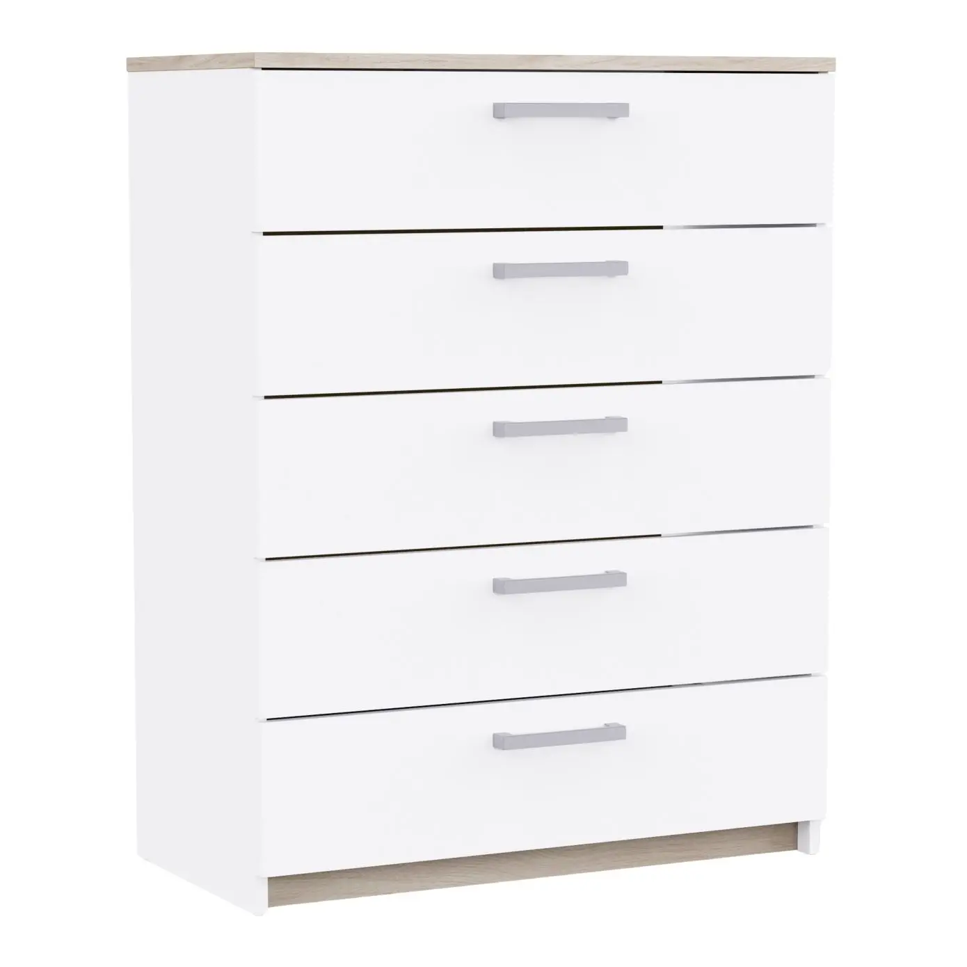 Cómoda Watson de Dormitorio con 5 Cajones Estilo Moderno en Color Blanco Mate y Roble Kronberg 80x103x41 cm