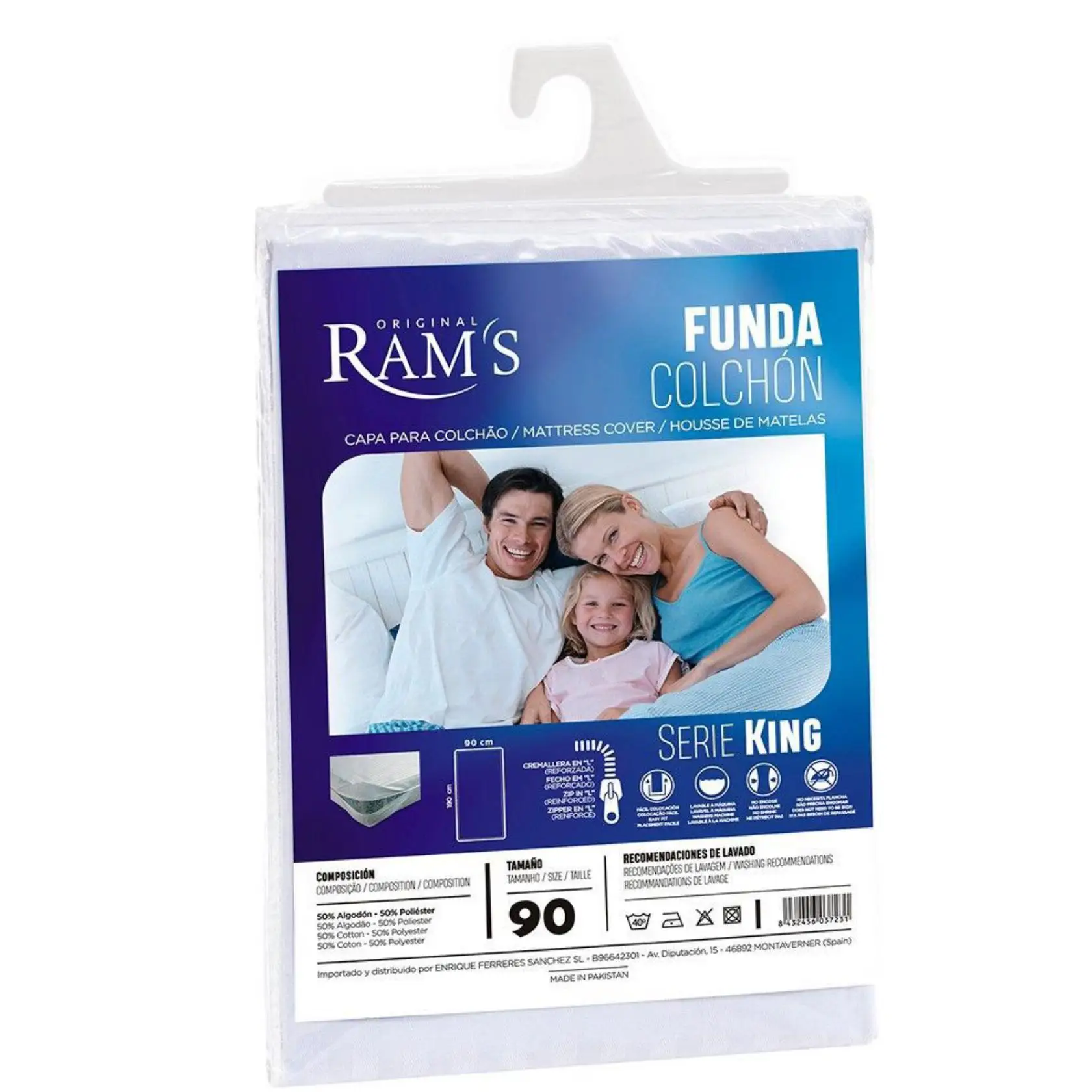 Rams - Funda de colchón con cremallera, color blanco, 90 x 190 cm, algodon y poliester, protector de colchón, funda para cama, dormitorio