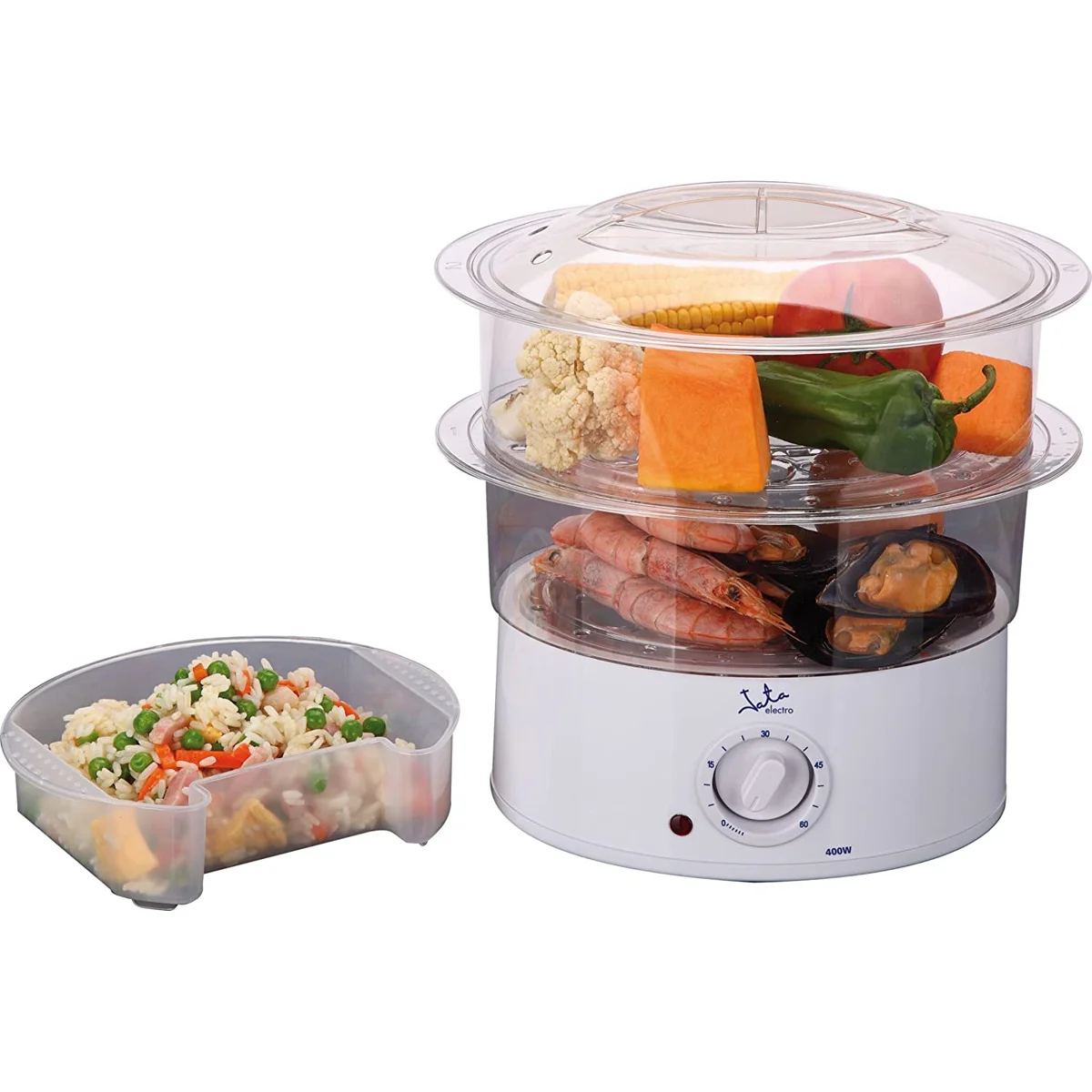 Steamer Jata CV200, 400W, healthy cooking with 2 baskets, capacity 3,5 L, water tank 500 ml, includes rice or sauces container, timer up to 60 minutes