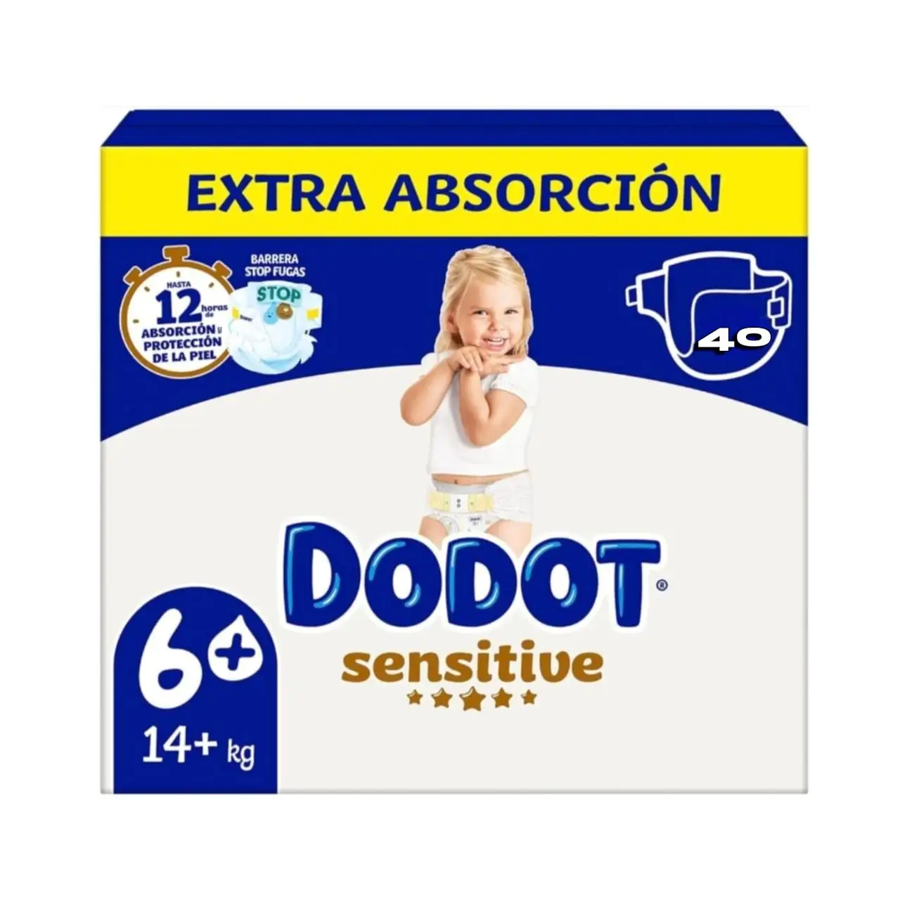Dodot Sensitive Pañales, Talla 6 +, Extra Absorción, 40 Unidades, Para Bebés 14+ kg, 12 Horas de Protección, Con Barreras Antifugas y Materiales Ultra Suaves