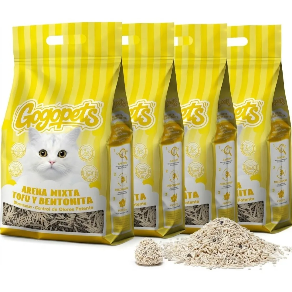 Pack 4 Arena para Gatos Mixta Tofu y Mineral 8.5kg Alta Absorción 24L, Control de Olores y Aglomeración Rápida gogopets