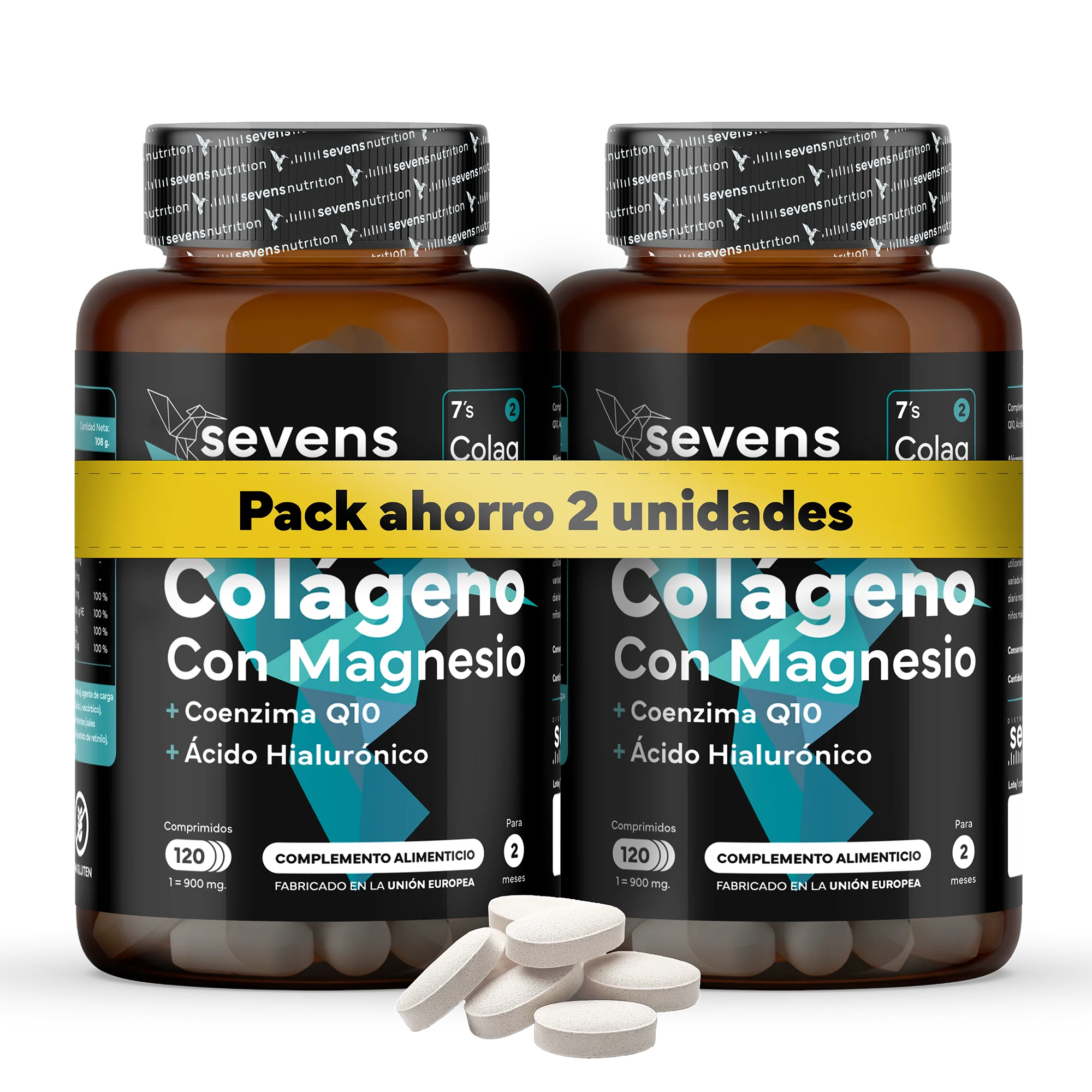 Pack 2x Colágeno con Magnesio, Ácido Hialurónico y Coencima Q10 - Articulaciones Fuertes y Piel Radiante - Con Vitamina A, B12, C, D3 y Zinc - Sevens Nutrition