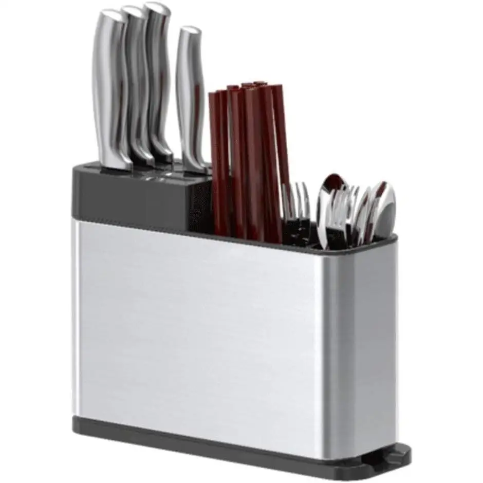 Organizador de cocina en acero inoxidable, soporte para cubiertos y utensilios con porta cuchillos, porta tenedores, porta cucharas, palas y caja de almacenamiento, estantería compacta y resistente