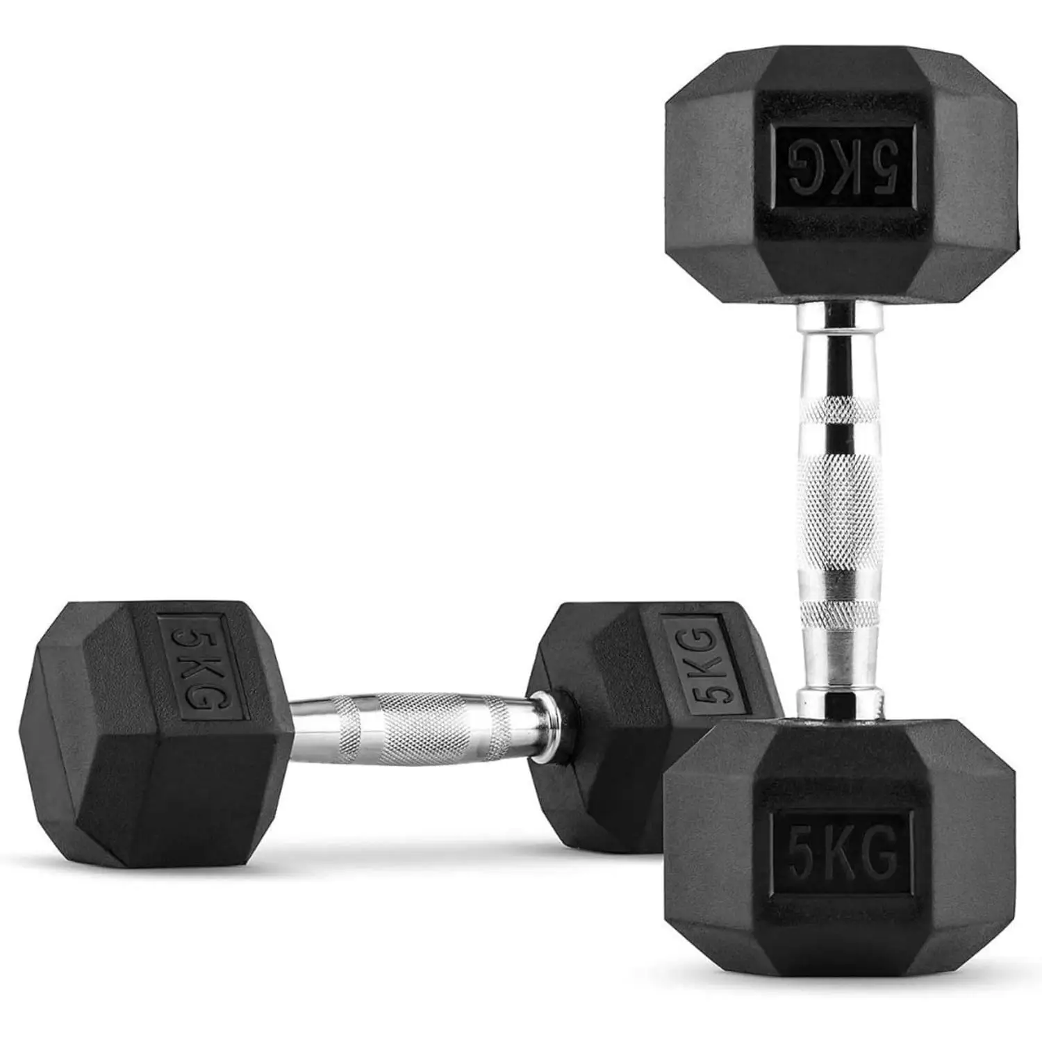 Cosgomarket 2 5kg Hex Dumbbell 2 kg Rubber Dumbbell 5kg Set of 2 Dumbbell 5kg-Chrome Handle Rubber Coated Hex Dumbbell Set exercise weights weight gym at home for gym Fitness Black