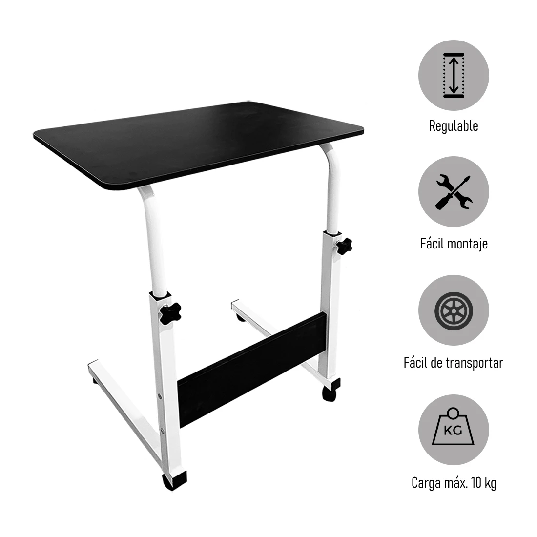 Accommodates textile-desk table with wheels to work and study. Multipurpose adjustable side table for bedroom, living room and kitchen 40x60x65-89 cm.