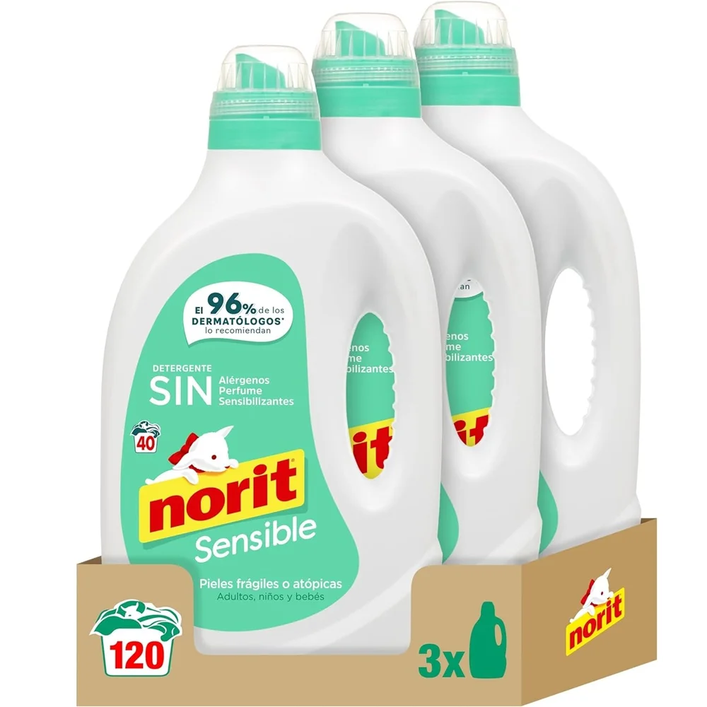 Norit Sensible - Detergente Líquido Hipoalergénico 2120ml 40 lavados (Pack 3 uds) - sin perfume, Detergente hipoalergénico sin perfumes, colorantes ni conservantes sensibilizates, Adecuado para la ropa de adultos, niños y bebés con piel frágil o atópica