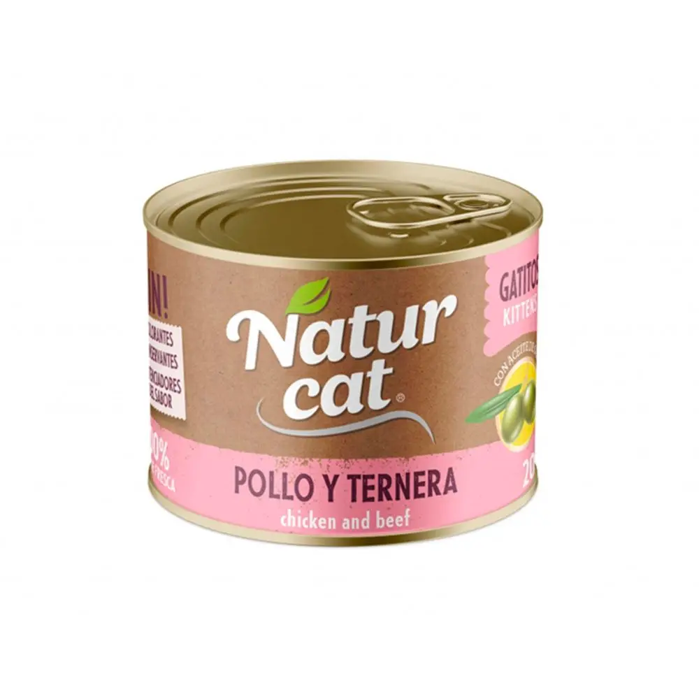 Naturcat Kitten sabor Pollo y Ternera - 6 Unidades x 200gr - Alimento Húmedo, Latas para gatitos