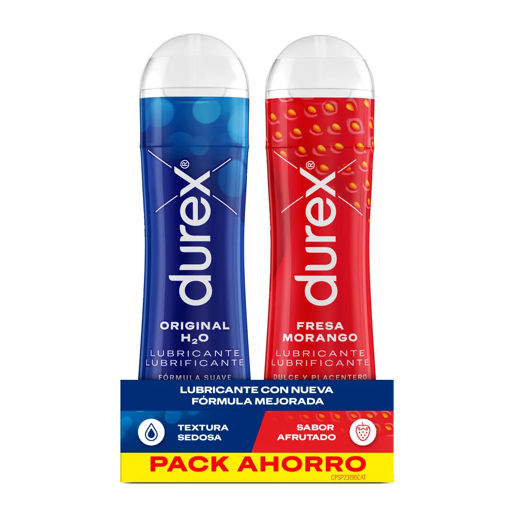 Durex - Savings Pack Strawberry Flavor Lubricant 50 ml + Original H2O Lubricant 50 ml, silky texture and pH balanced, ideal for vaginal, anal, and oral use, enhances intimate comfort, enriched formula.