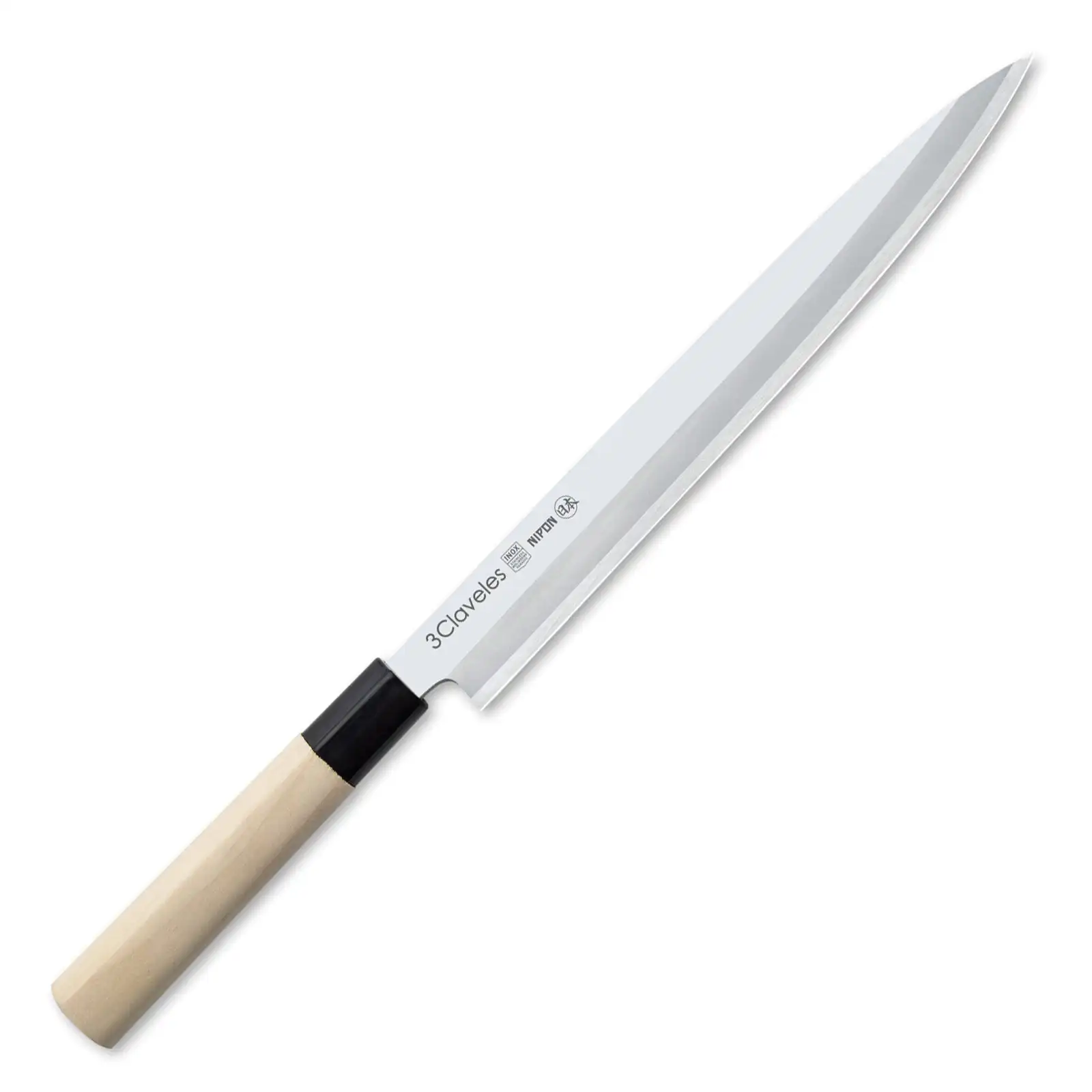 3 Claveles NIPON - Cuchillo Japonés Yanagiba 30 cm Acero Inoxidable y Mango Madera de Arce