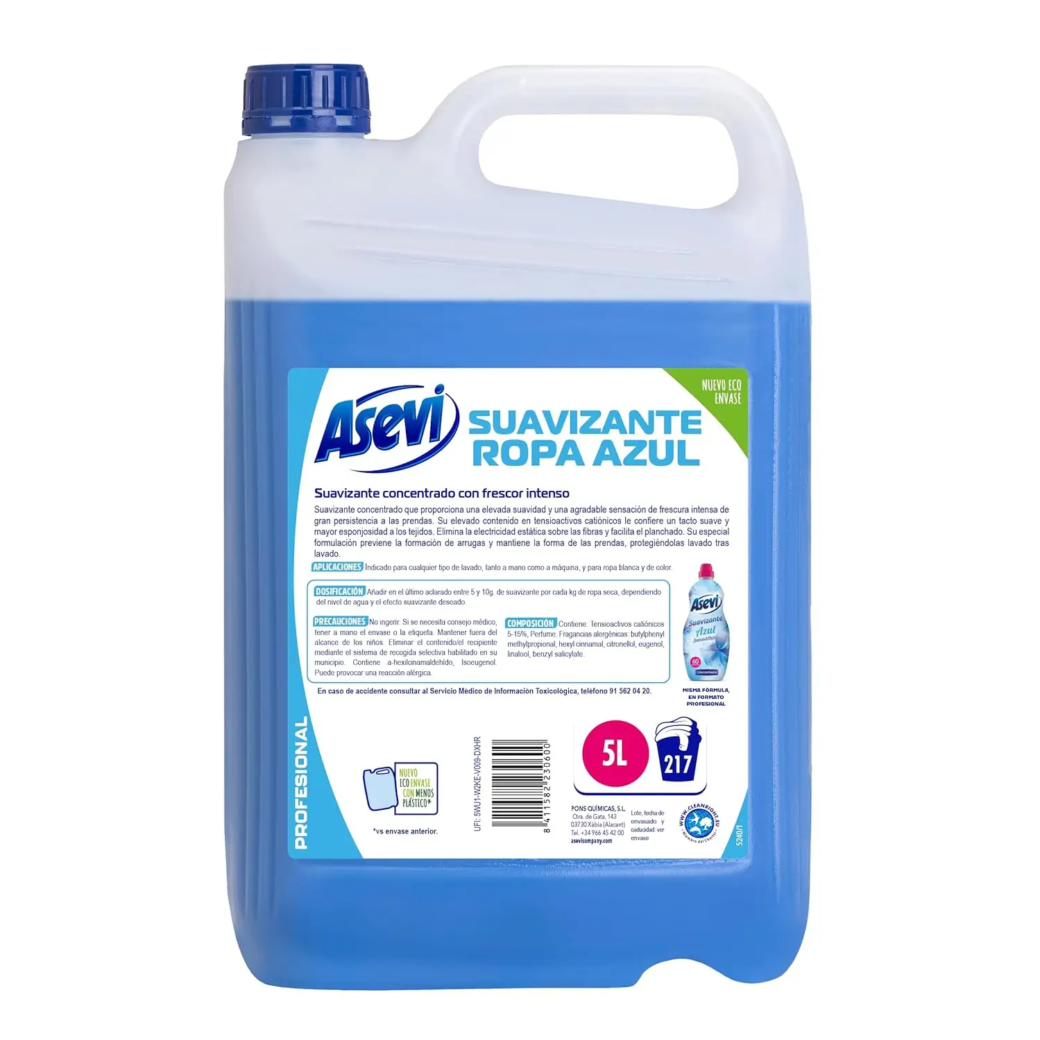 Suavizante Asevi Profesional FRESCOR INTENSO AZUL - 5 Litros - 217 Lavados - Suavizante Hipoalergénico Frescor - Suavizante Concentrado - Suavizante de Lavadora para Pieles Sensibles