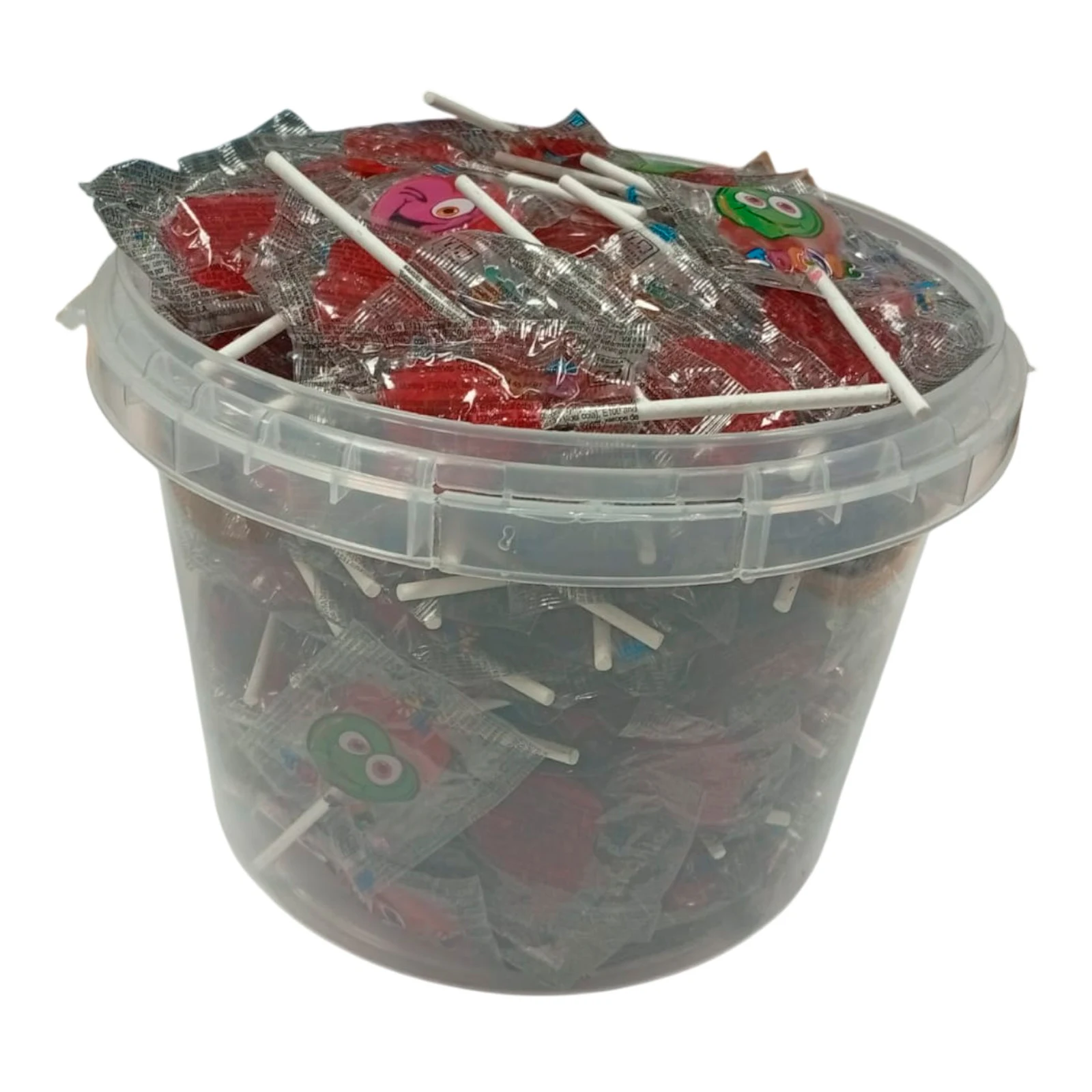 Deliex delicias de Extremadura. Cubo con 200 piruletas de corazon cereza o surtidas de sabores. Caramelos con palo