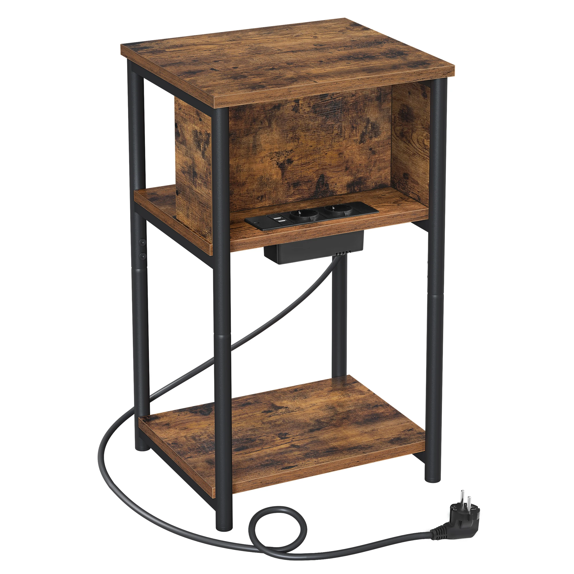 VASAGLE Mesas Auxiliares con Enchufe, Mesitas de Noche con 2 Enchufes de CA y 2 Puertos USB, 30 x 34 x 58 cm, para Sala de Estar, Dormitorio, Marrón Rústico y Negro