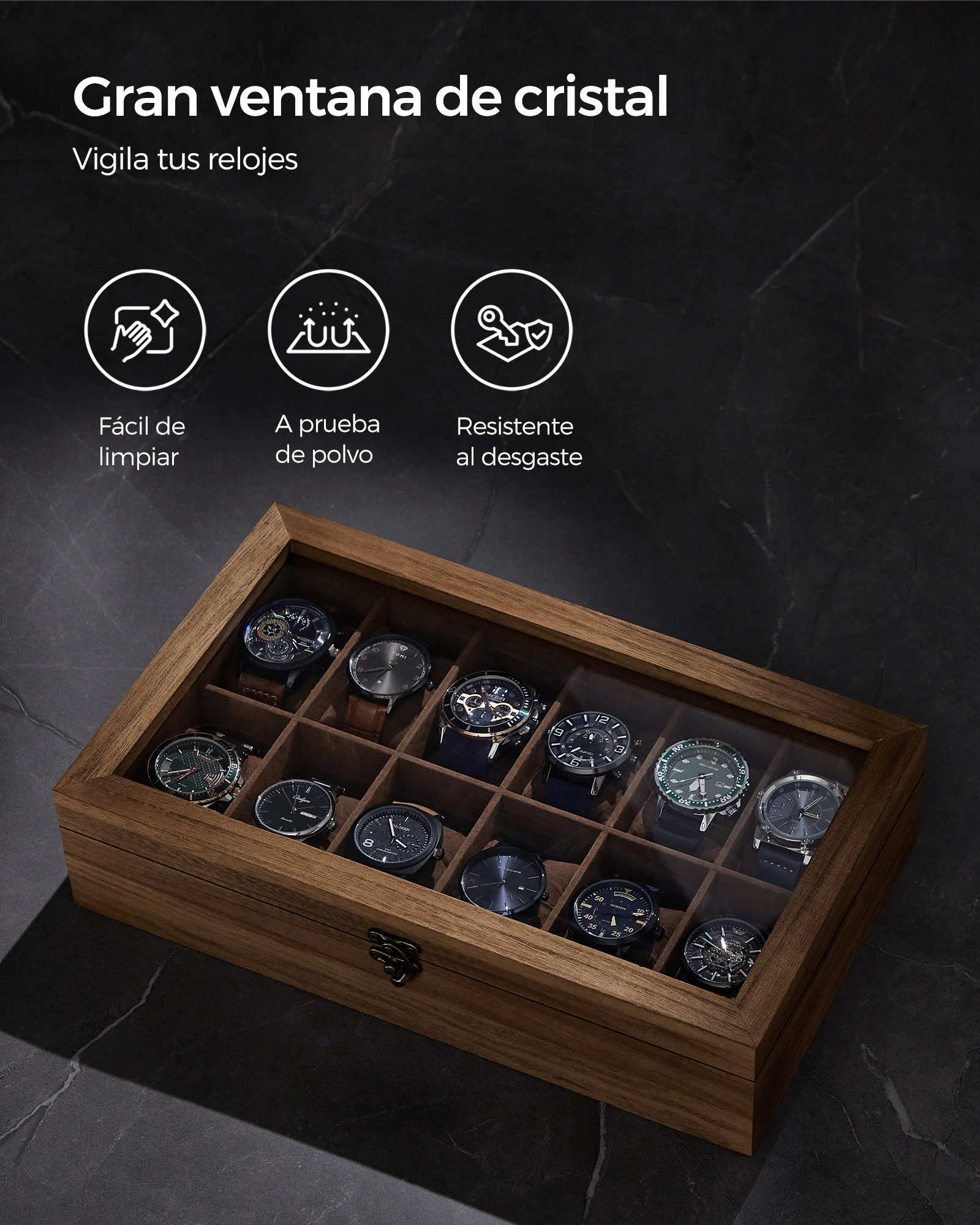 Songmics watch box with 12 compartments, solid wood watch box, with glass lid, watch cushion, gift for loved ones, rustic walnut/ebony black/ink black, christmas gift #5