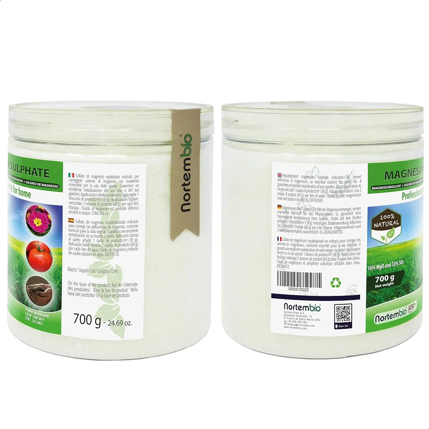 Natural Magnesium sulfate Nortembio 700g. Organic fertilizer for Universal use for plants. Epsom salt. Helps in the process of seed germination and growth. High solubility magnesium fertilizer.