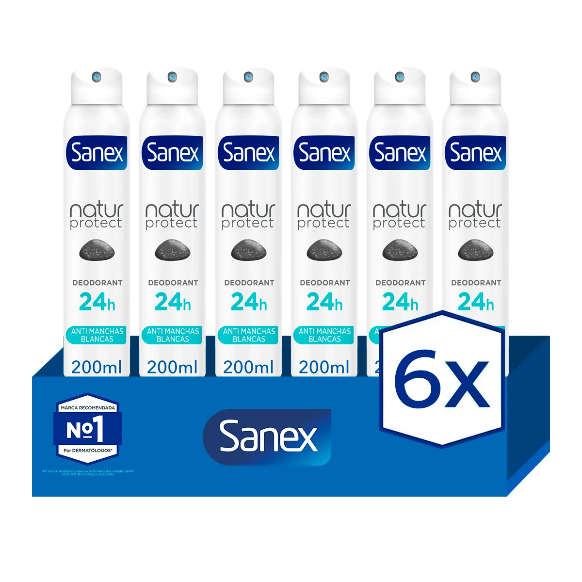 Desodorante spray Sanex Natur Protect 24h anti-manchas blancas con piedra de alumbre 200ml. Pack 6
