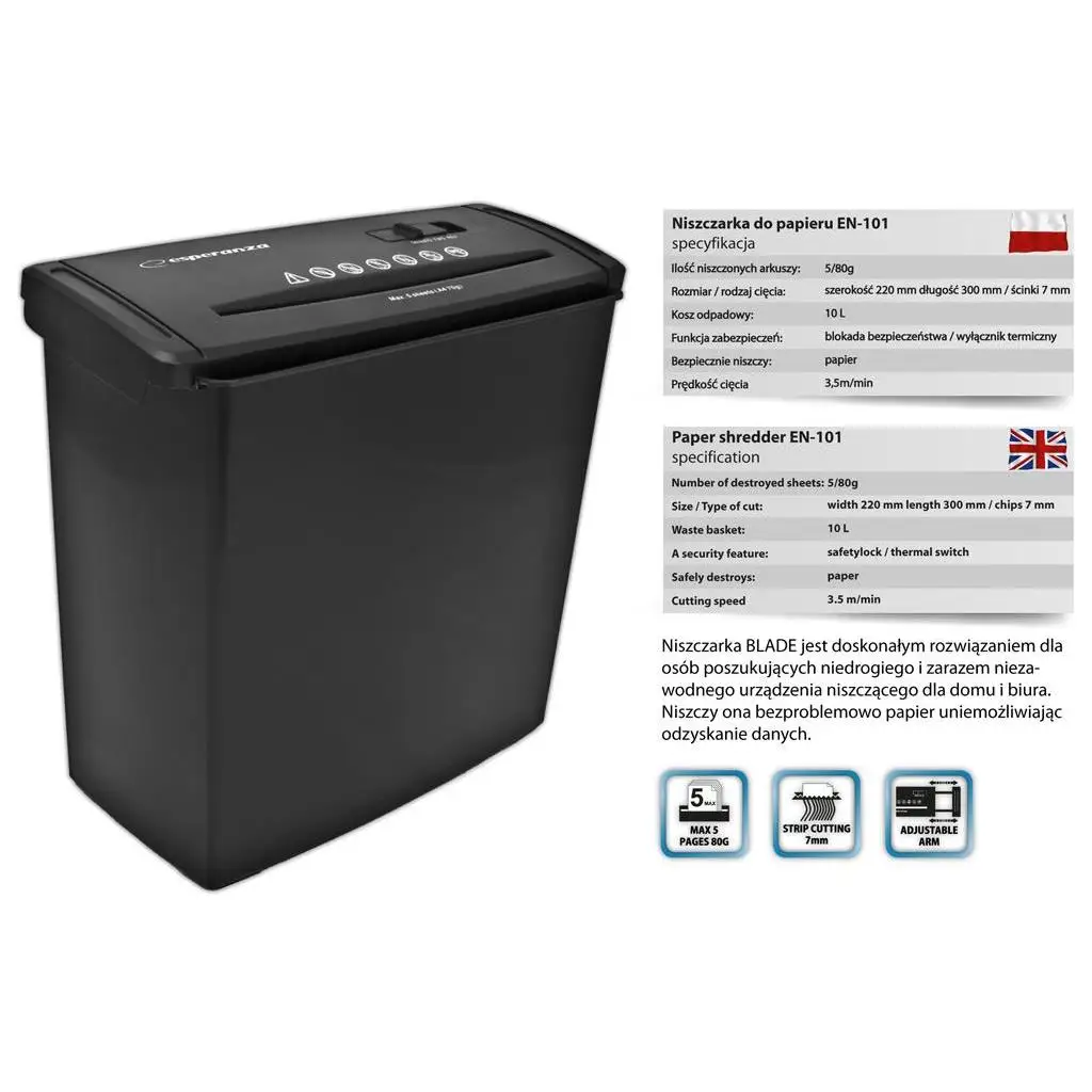Esperanza it accessories - esperanza shredder to paper blade en101 with basket 10 l din 1