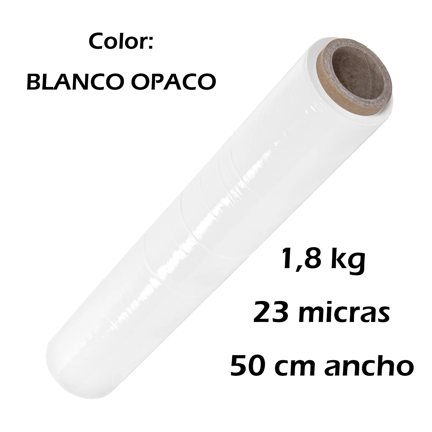 CM-Elastic opaque white palletizing Film. Stretchable coils of 1,8Kg approx, width 50 cm, 23 micron for moving, wrapping, packing, sealing, protect. Packs of 1, 3 and 6 rolls.