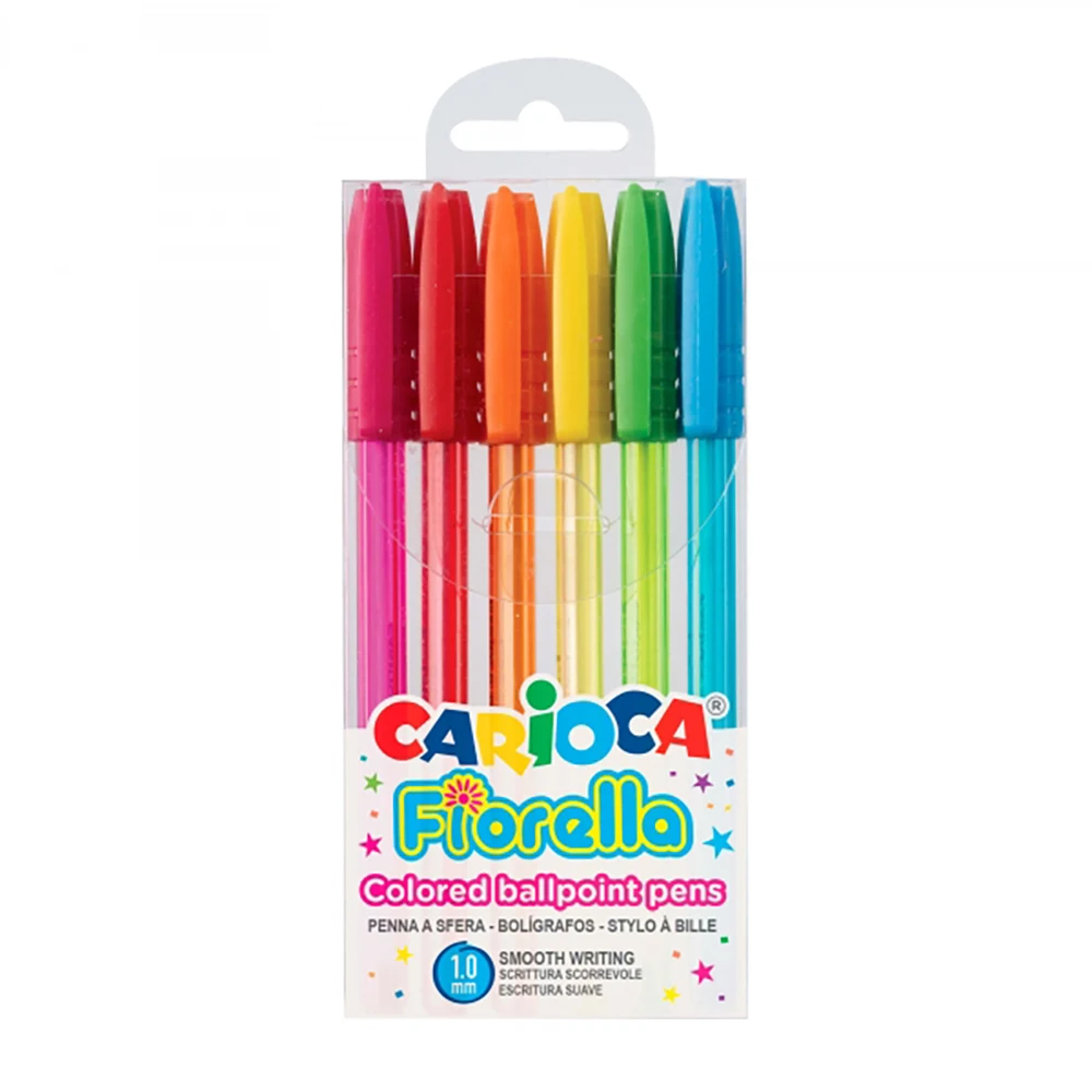 Carioca Fiorella Pack of 6 pens-sphere tip-body transparent Fluo-bright and colorful writing-Color various school supplies