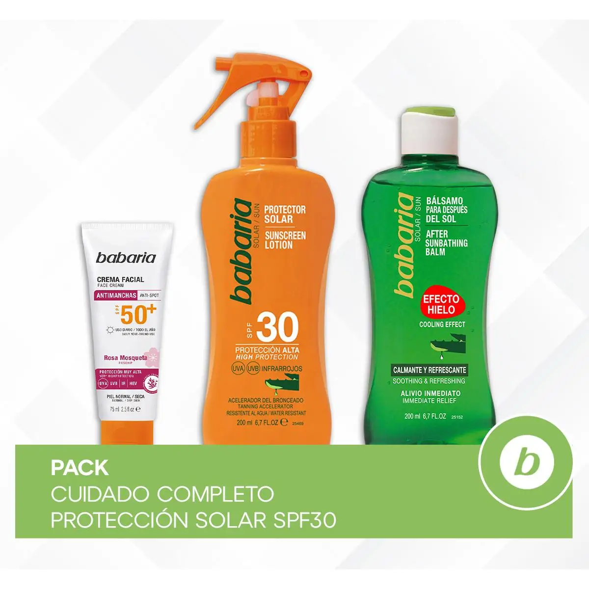 Babaria Pack Cuidado Completo Protección Solar SPF30: Crema Facial Solar Antimanchas SPF50+ con Principios Activos de Rosa Mosqueta 75ml, Spray Protector Solar Corporal SPF30 200ml y Bálsamo After Sun Efecto Hielo 200ml