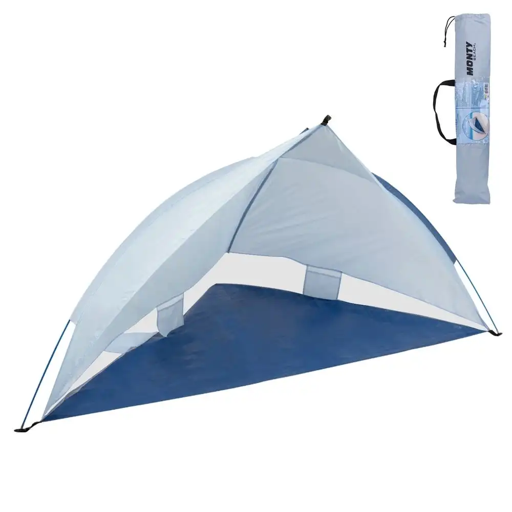 Tienda Paravientos playa refugio de 220x110x112 cm, cortavientos playa rejillas ventilación y 4 bolsillos, carpa playa tejido Oxford azul, protección solar UPF+50 y waterproof, incluye 3 piquetas