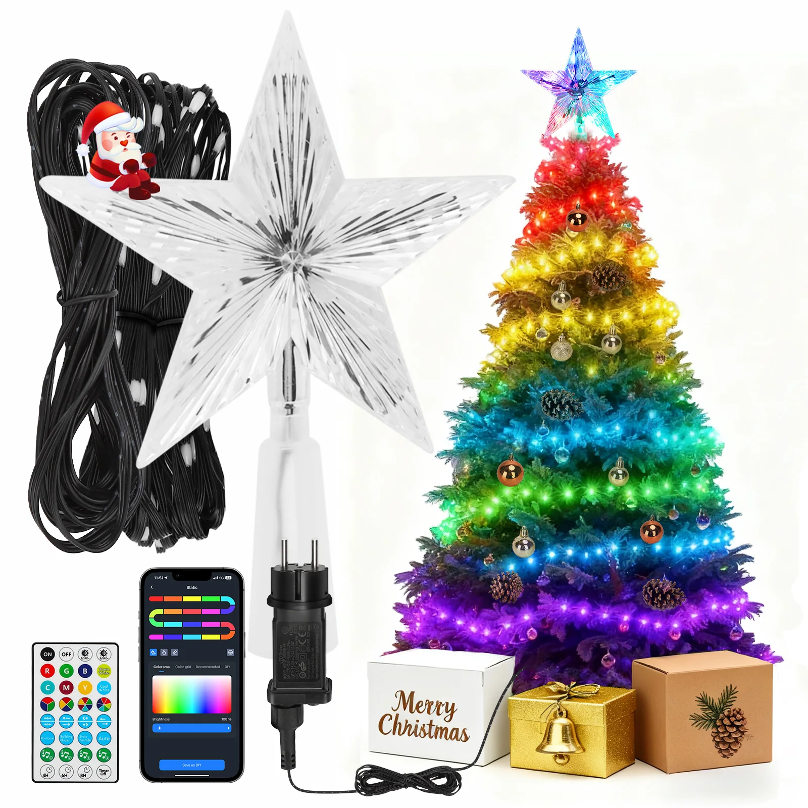 Aigostar Guirnalda de Luces RGBIC 10M con Estrella para Árbol,Control por APP y Mando, 39 Modos, Música, IP44