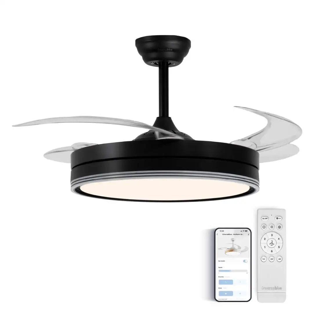 UNIVERSALBLUE ALTANO 7042B Ventilador de Techo Negro Aspas Retráctiles 64W Potencia