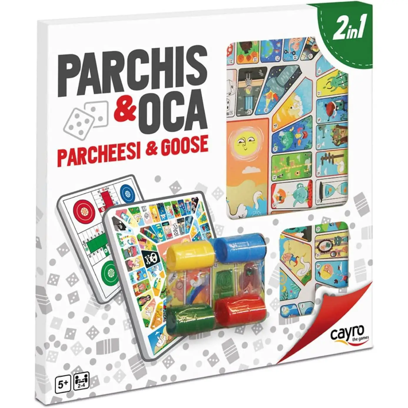 Cayro - Juego  Parchís y Oca  - Tablero Madera - Doble Juego Clásico- 4 Cubiletes, 16 Fichas y 4 Dados - 2 a 4 Jugadores
