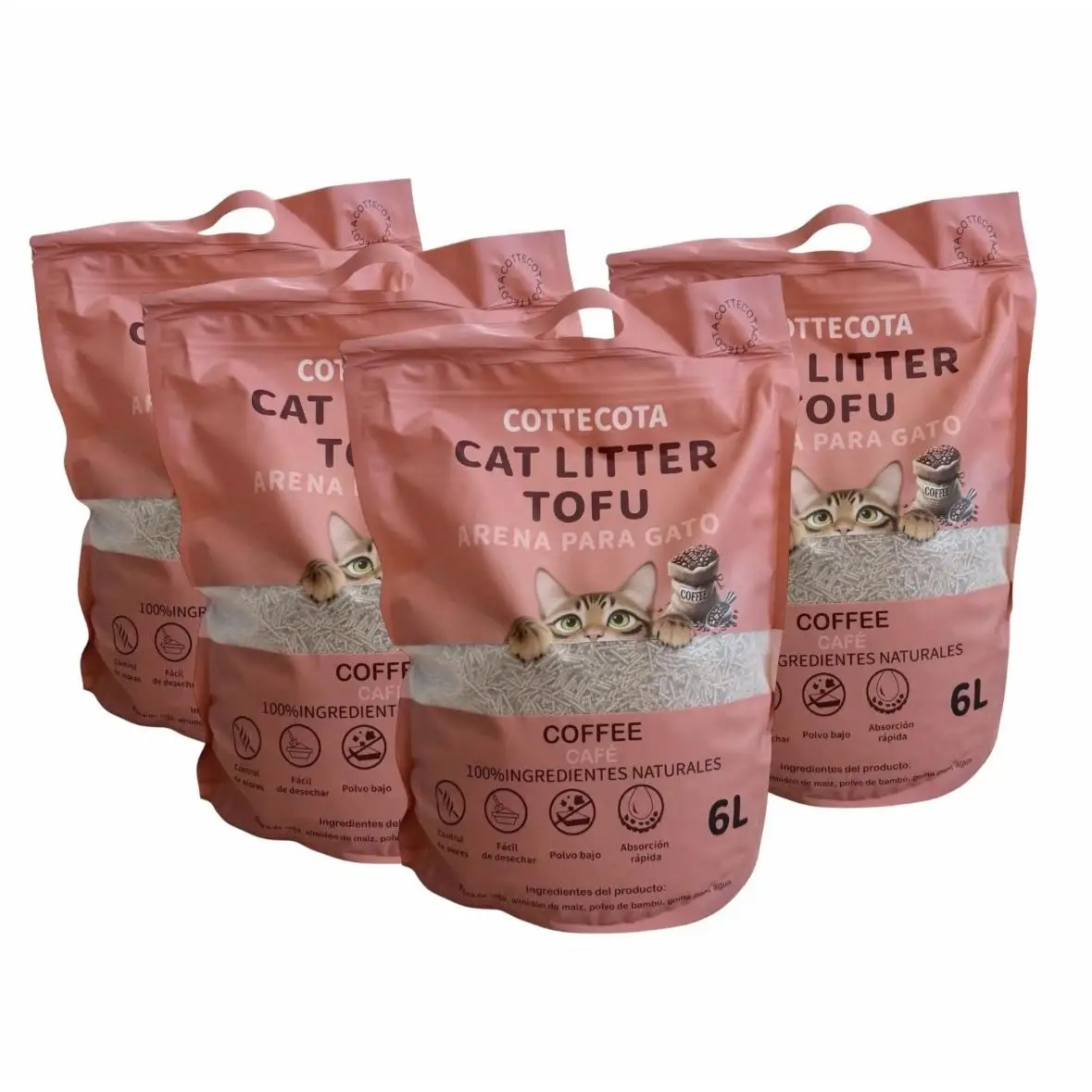 Pack 4 Arenas de Tofu( 6L) para Gatos, Ecológica y Vegetal, Alta Absorción y Control de Olores, Arena Tres olores vainilla lavanda y café