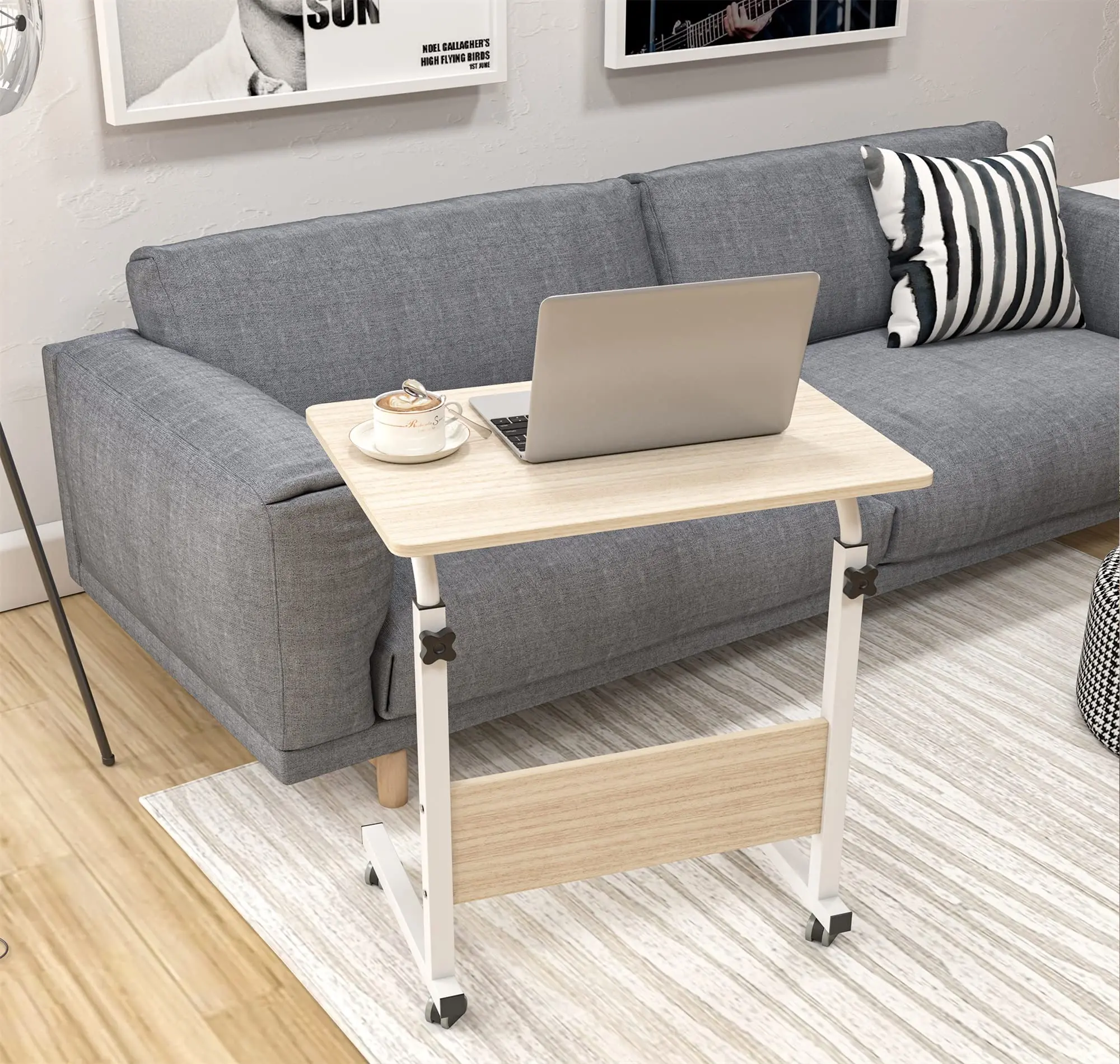 Smallrun desk table with wheels and wooden particle panel desk table adjustable height computer table 60x40cm