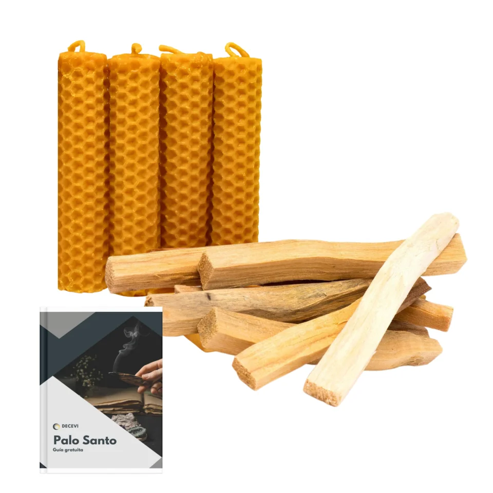 Palo Santo Sagrado Perú + Velas de Miel de Abeja para Rituales de Buena Suerte 100% Natural Española Cera Pura de Abeja | Set Único Días 11/22 Mágicos