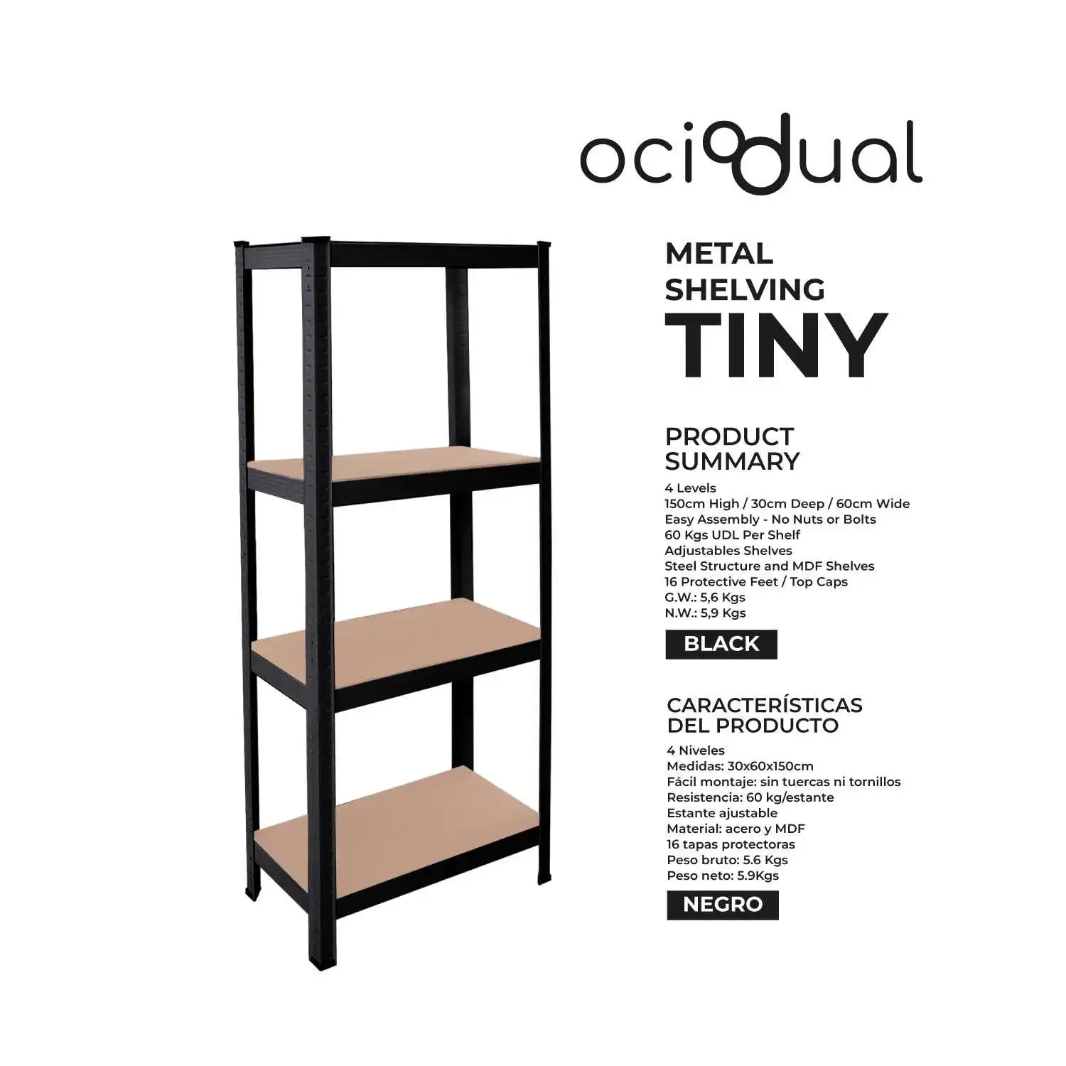 OioDual Metal Shelf Tiny Black, Shelf for Home, Storage Rack, Storage Rack, Furniture, Office, Divisible Storage Shelves, Screwless, 240kg, 4 shelves MDF, 150x60x30cm
