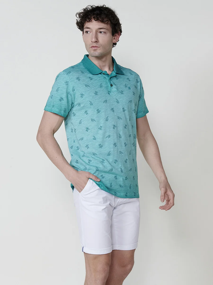 Koroshi - Polo hombre manga corta cuello camisero estampado tropical en menta, 100% algodón punto flameado para look veraniego desenfadado