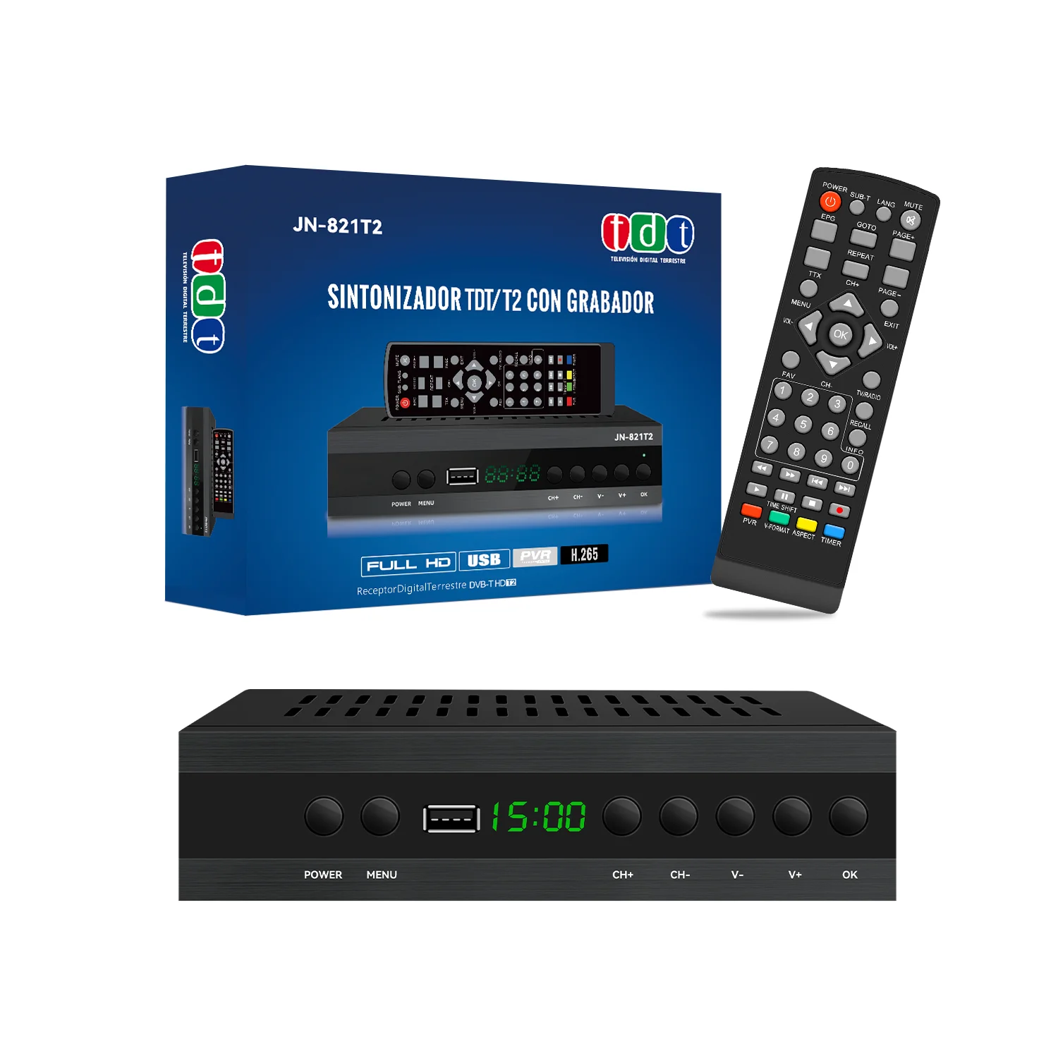 New Version 2024 Spanish TDT recorder decoder with WIFI TV DVB-T WIFI T2 H265 HEVC FTA Full HD PVR, USB, HDMI, SCART Digital terrestrial TV tuner, digital high definition Full HD 1080p HD JN 821T2 TV marzone HD receiver