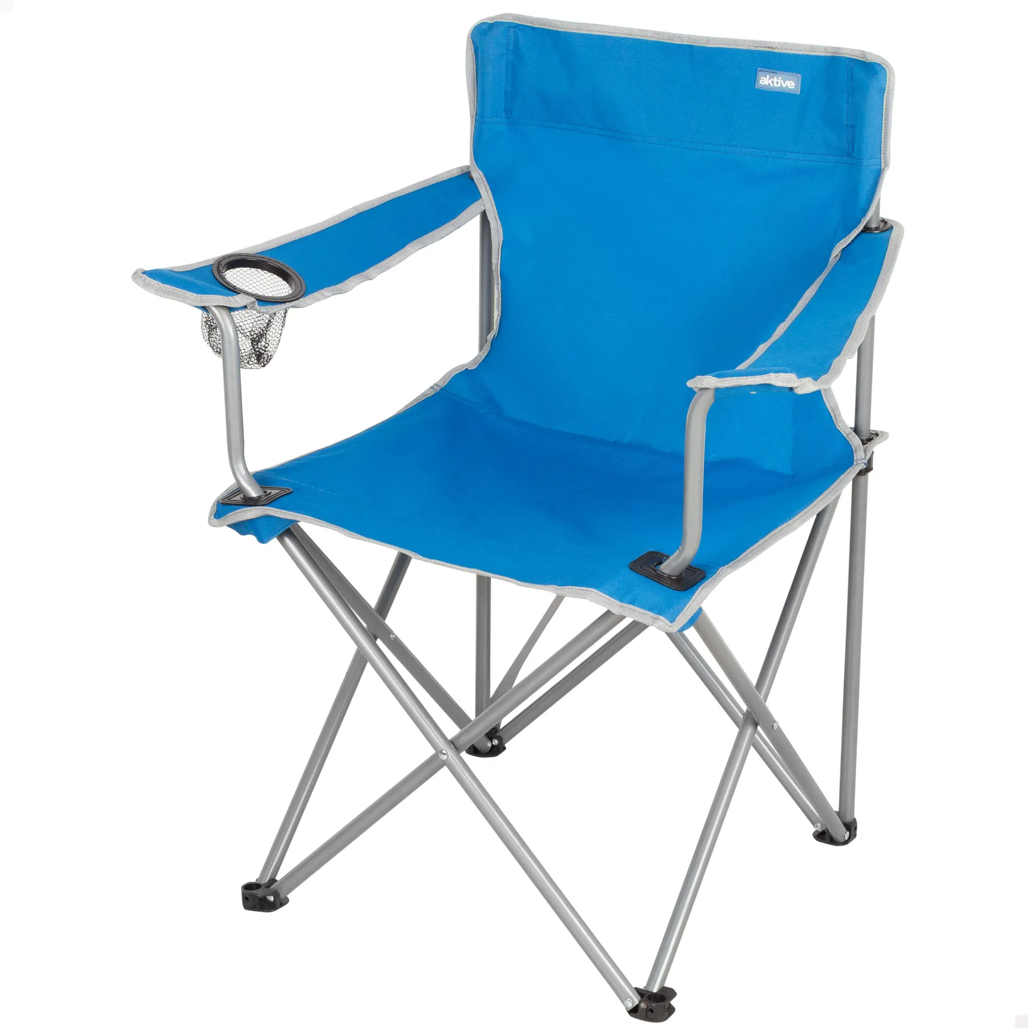 Aktive - Silla plegable camping con portavasos, estructura de acero, ligera y portátil, sistema antivuelco, soporta hasta 100 kg, asiento de poliester, ideal para exteriores