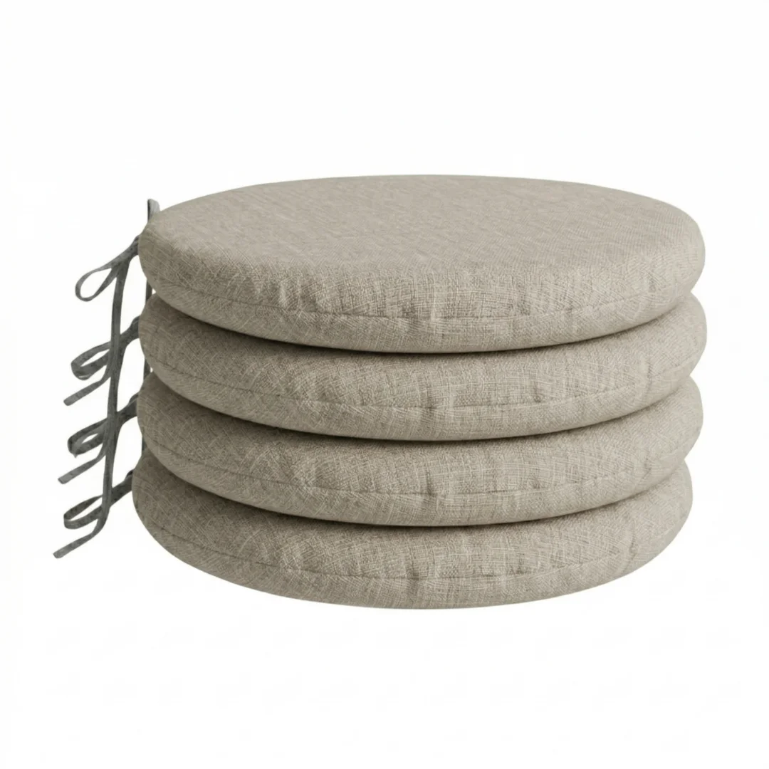 PIND Pack 2/4/6 Cojines Redondos para Silla 40x40x3,5 cm con Relleno de Espuma, con Cintas de Sujeción, Funda Efecto Lino Algodón y PES, Cojín para Taburetes, Comed