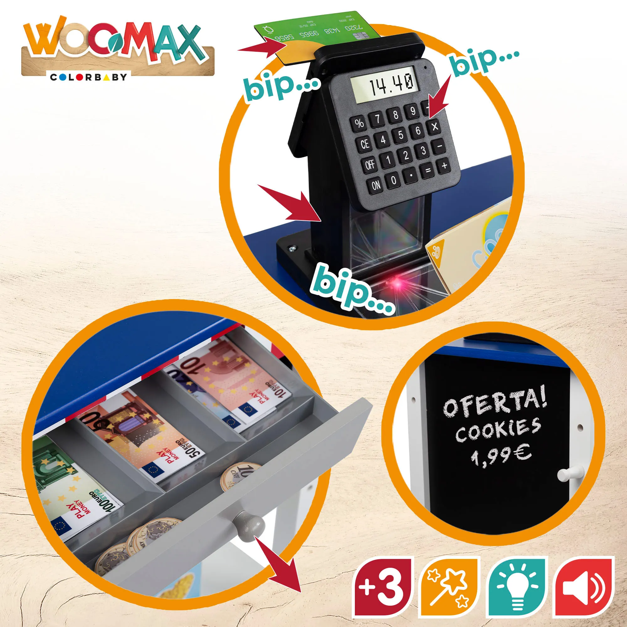 WOOMAX 48*30*70 cm Wooden Toy Supermarket Toy with Accessories, Shop Counter Light and Sounds, Cash Register Toy, Toys 3 Years Children, Imitation Game, Cash Registers