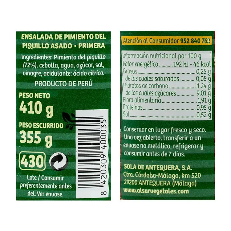 Alsur piquillo pepper salad 410 grams