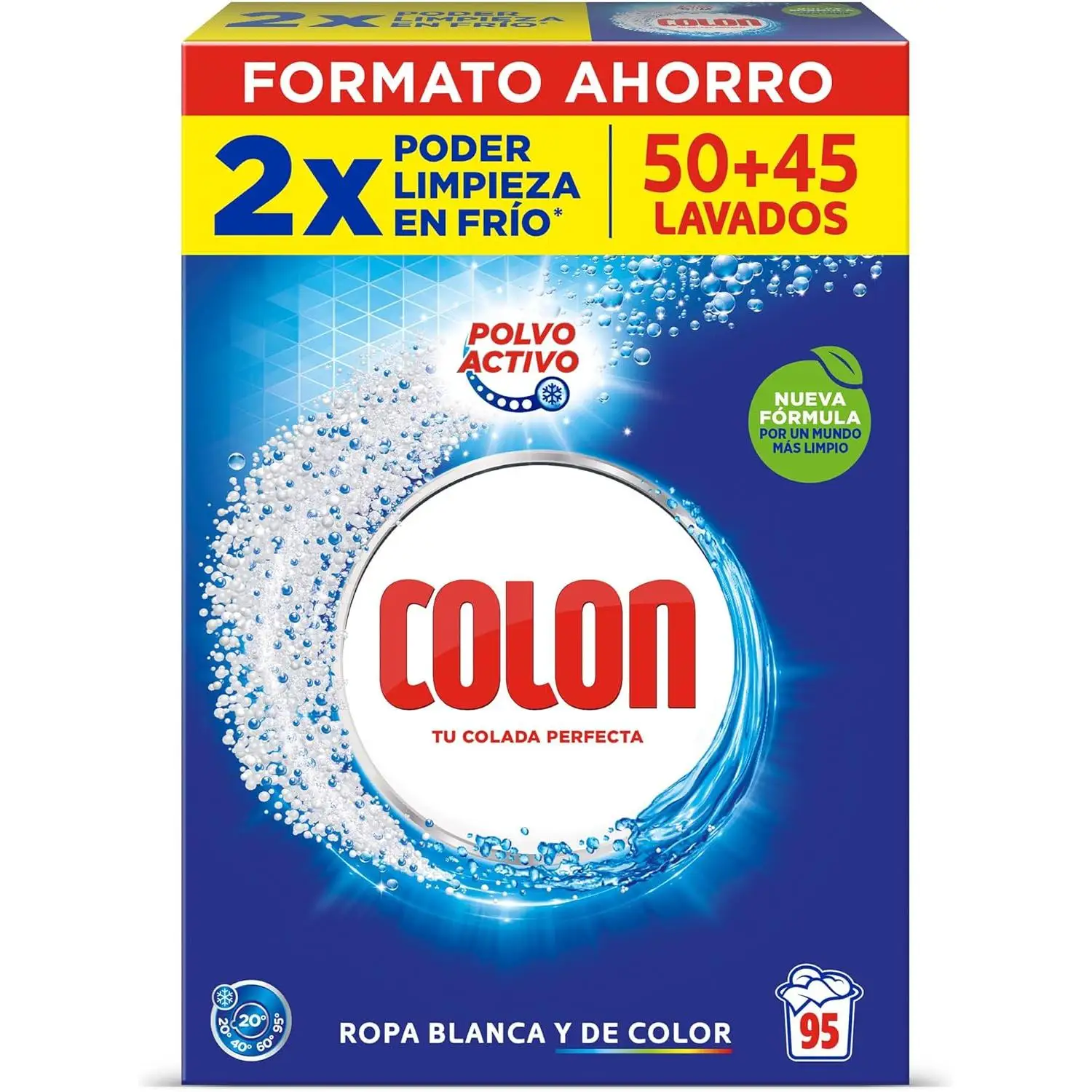 Colon 50+45 – Detergente en Polvo Ultraconcentrado (4,75 kg) – 95 Dosis de Limpieza Poderosa" Polvo Activo nueva formula lavados expetaculares colada perfecta