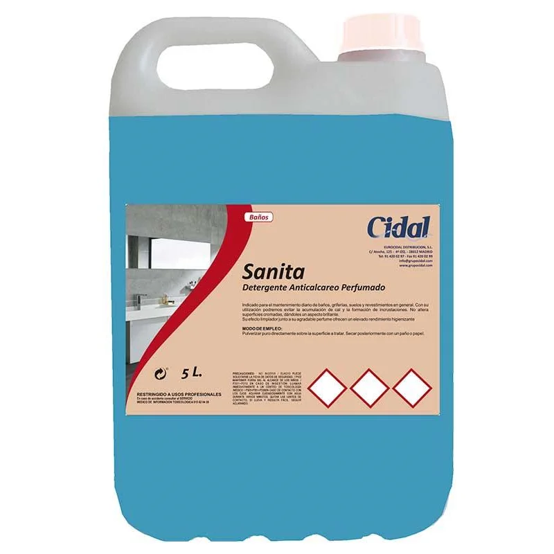 Limpiador detergente desincrustante anticalcareo perfumado SANITA CIDAL. Baños, griferias, mamparas y revestimientos. Su uso evita acumulación de cal y formación de incrustaciones. No altera superficies cromadas, dejando un aspecto brillante. Garrafa 5L