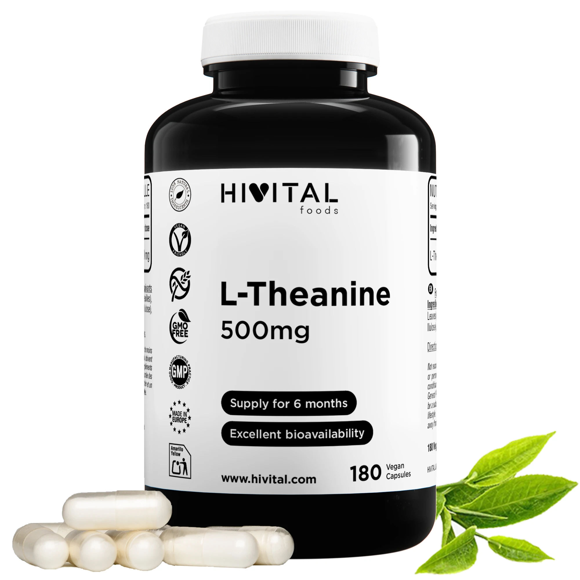 L-Teanina 500 mg. 180 cápsulas veganas para 6 meses. Aminoácido 100% Natural de Extracto de Hojas de Té Verde (Camellia Sinensis). Para la relajación y el estado de ánimo. Fabricado en España. HIVITAL
