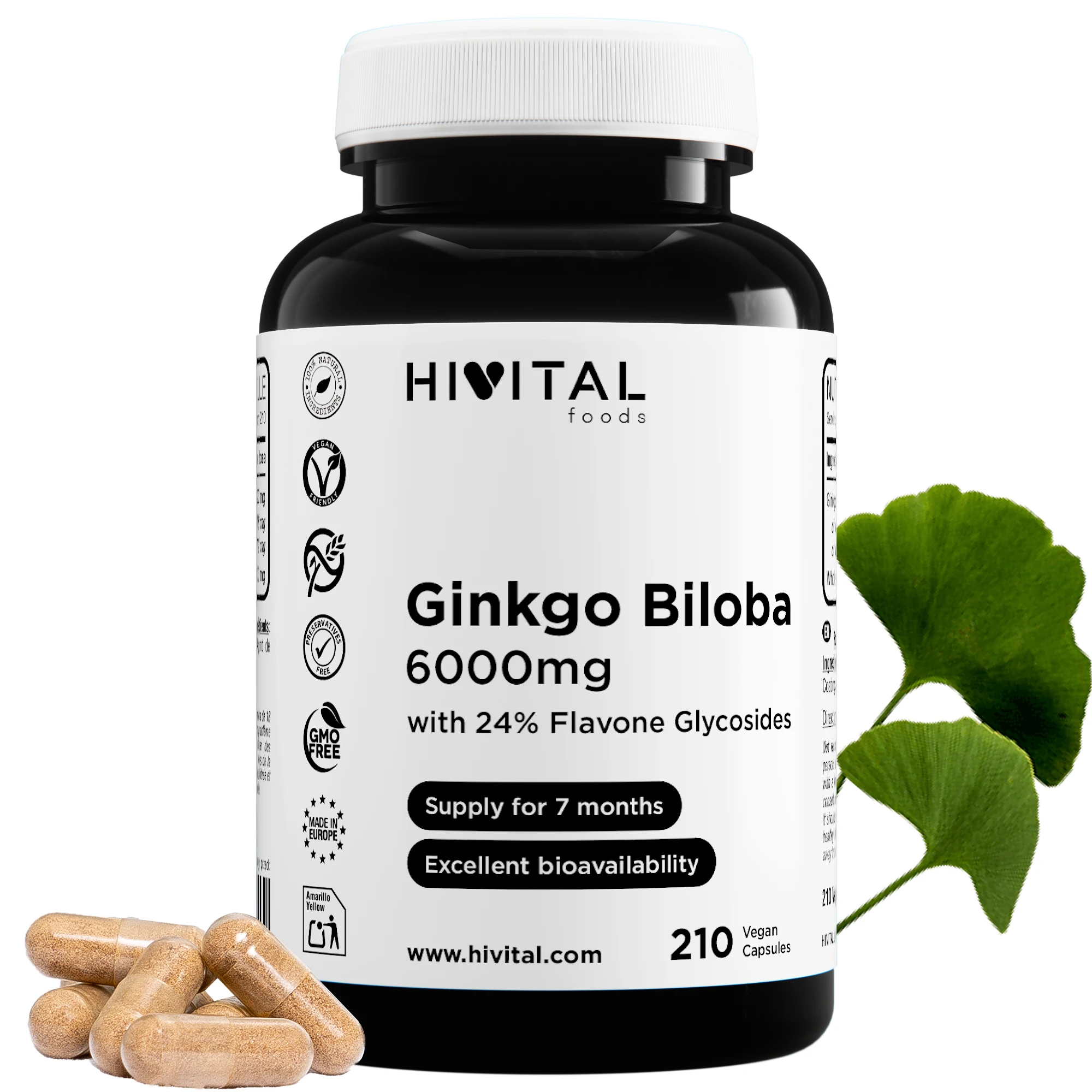 Ginkgo Biloba 6000 mg. 210 cápsulas veganas para 7 meses. Hivital