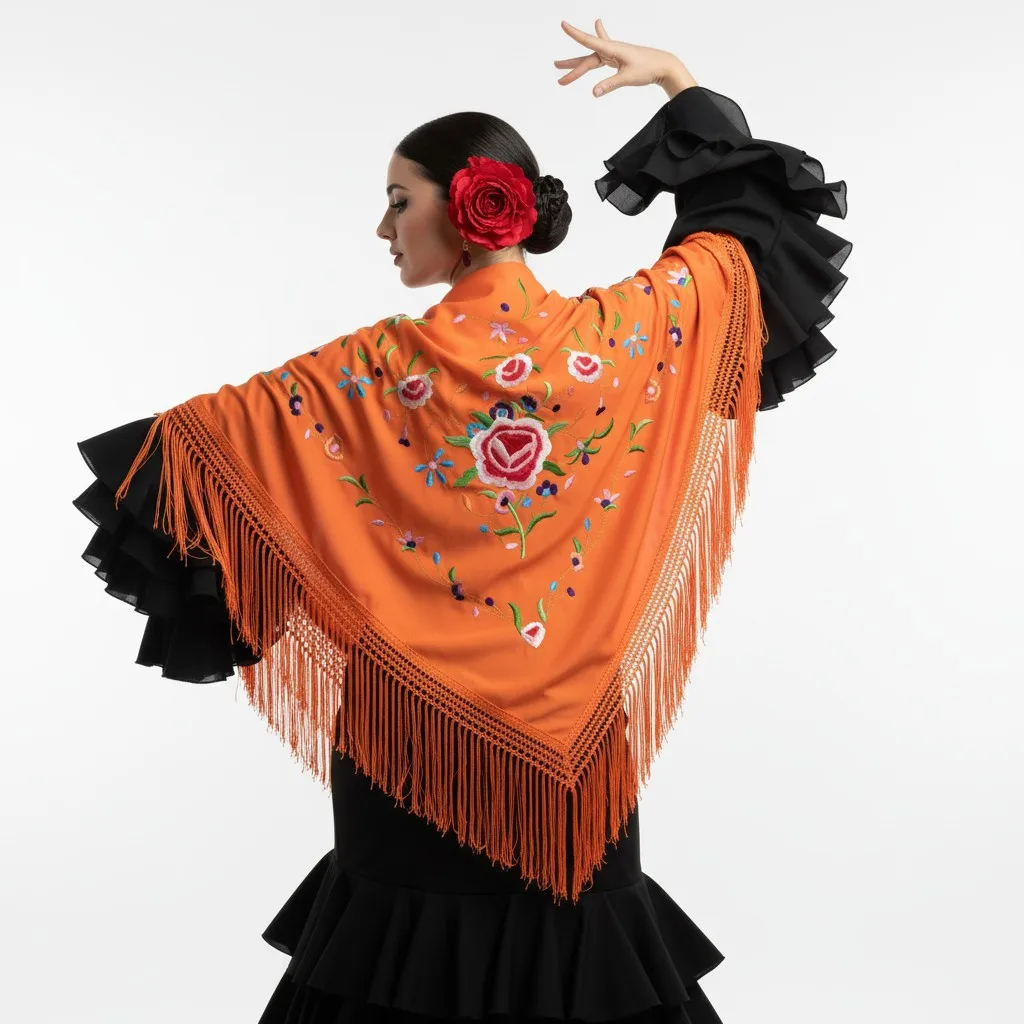 Mantón de flamenco en color naranja con los bordados de floral multicolores