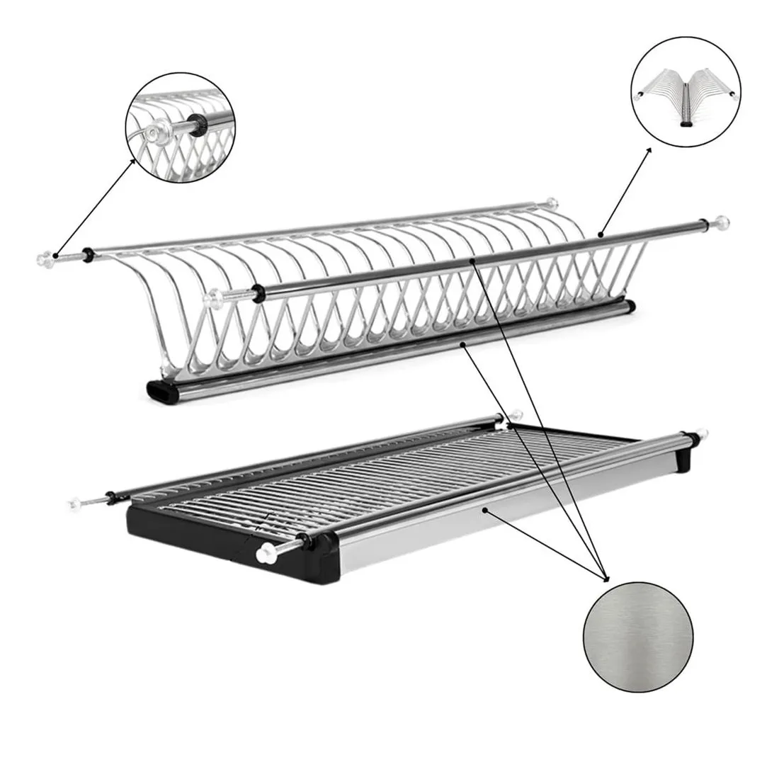 Escurreplatos y vasos Eco Eire para módulo de cocina de 1000 mm, fabricado en acero inoxidable resistente a ambientes húmedos, con bandeja recogeaguas y alta capacidad para platos y vasos