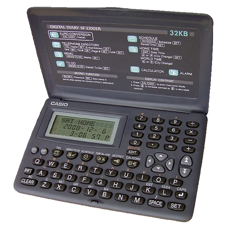Casio SF-3300 Electronic Agenda with Qwerty Keyboard, 32KB Memory, stores 1440 phone numbers, 3-line display, local and world time functions for enhanced organization and efficiency.
