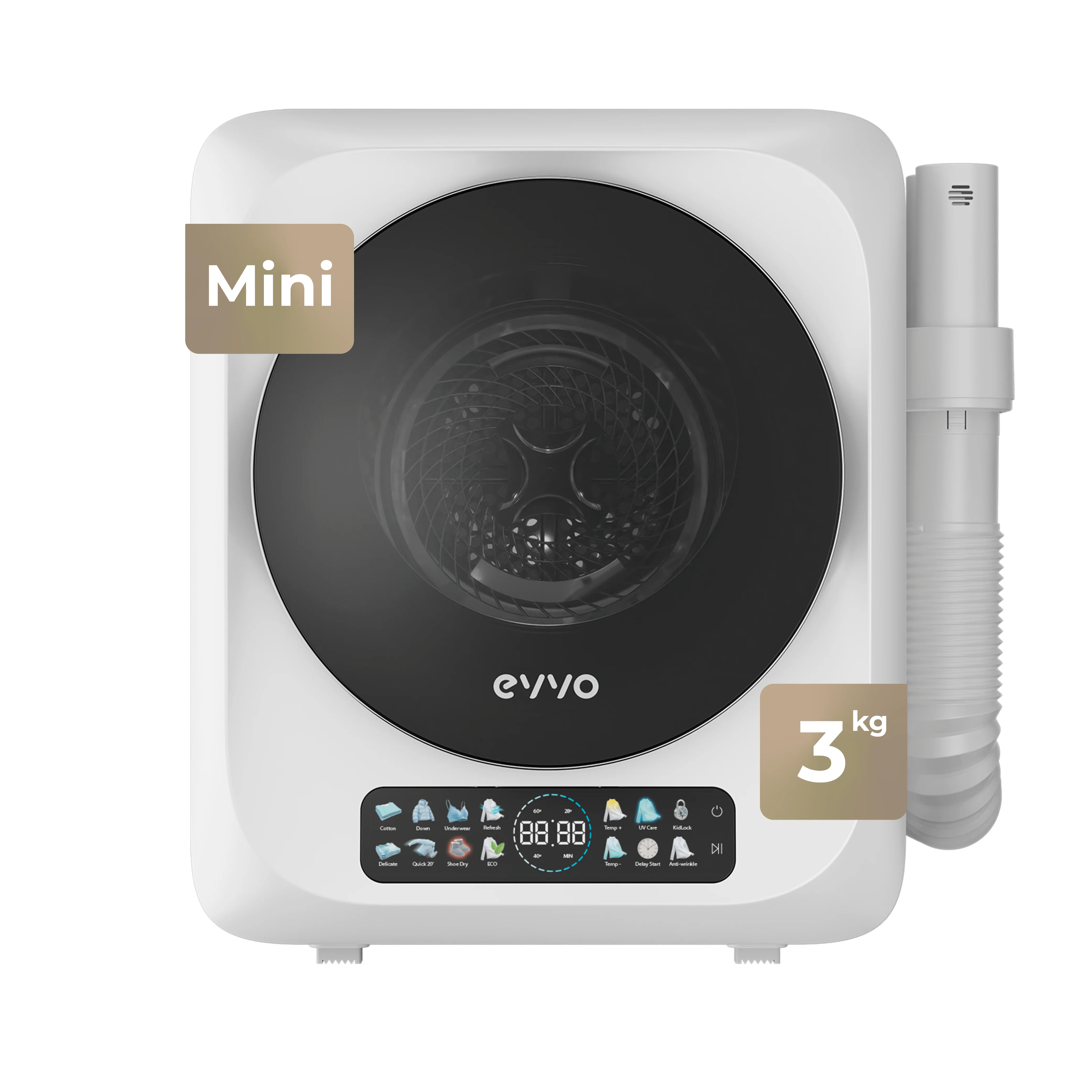 Evvo Secadora Mini S4 Plus – Secadora de Ropa Portátil 3 Kg, Diseño Mini Compacto, Panel Táctil, Higiene UV, Función Antiarrugas, Accesorio para Calza